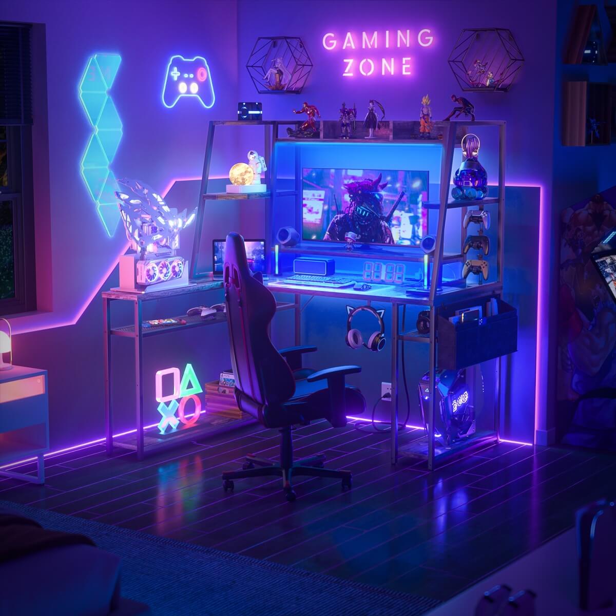 47-inch L-Shaped Gaming Computer Desk with LED Lights & Power Outlets