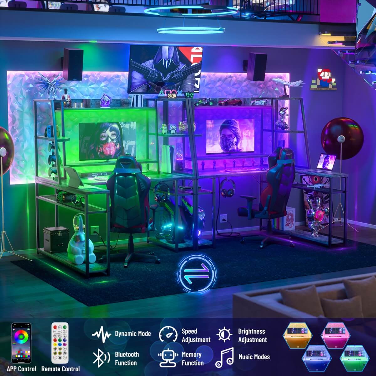 47-inch L-Shaped Gaming Computer Desk with LED Lights & Power Outlets