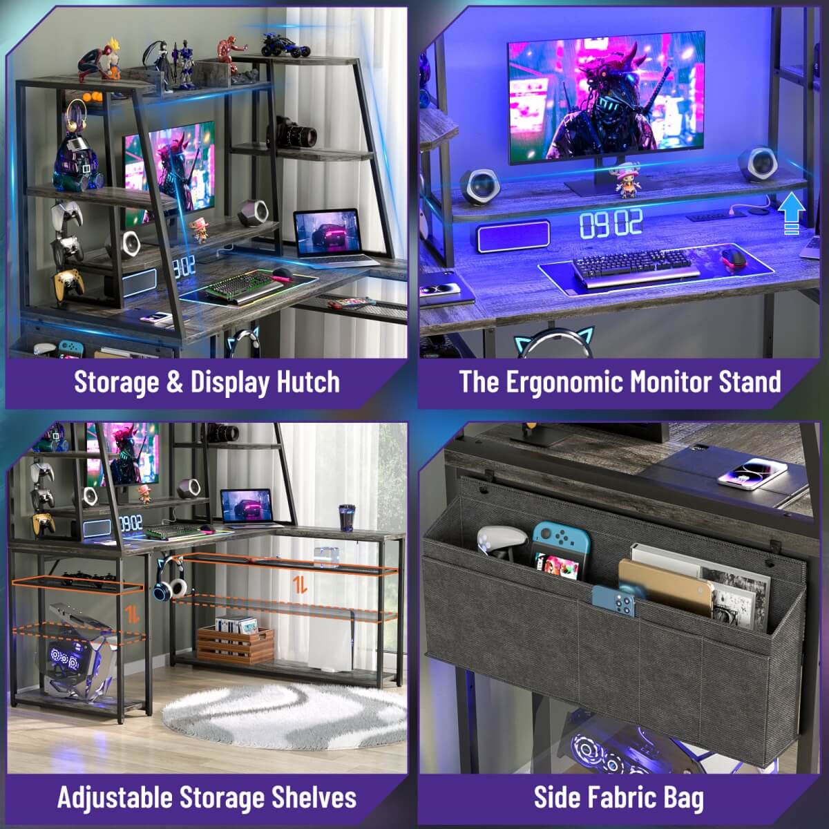 47-inch L-Shaped Gaming Computer Desk with LED Lights & Power Outlets