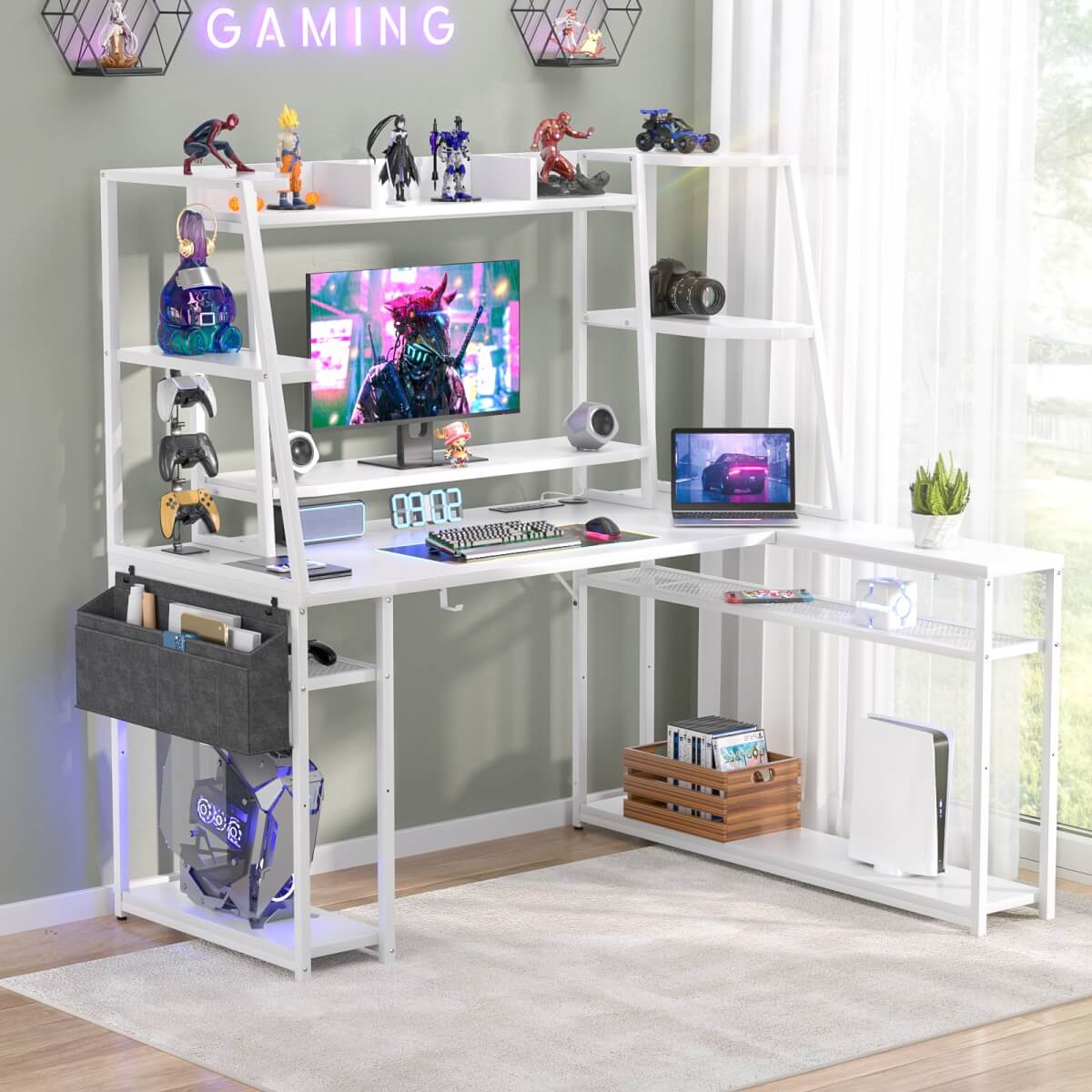 47-inch L-Shaped Gaming Computer Desk with LED Lights & Power Outlets