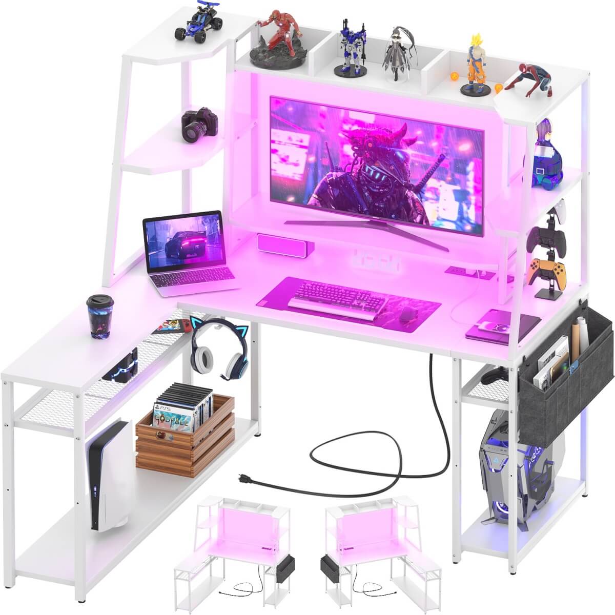 47-inch L-Shaped Gaming Computer Desk with LED Lights & Power Outlets