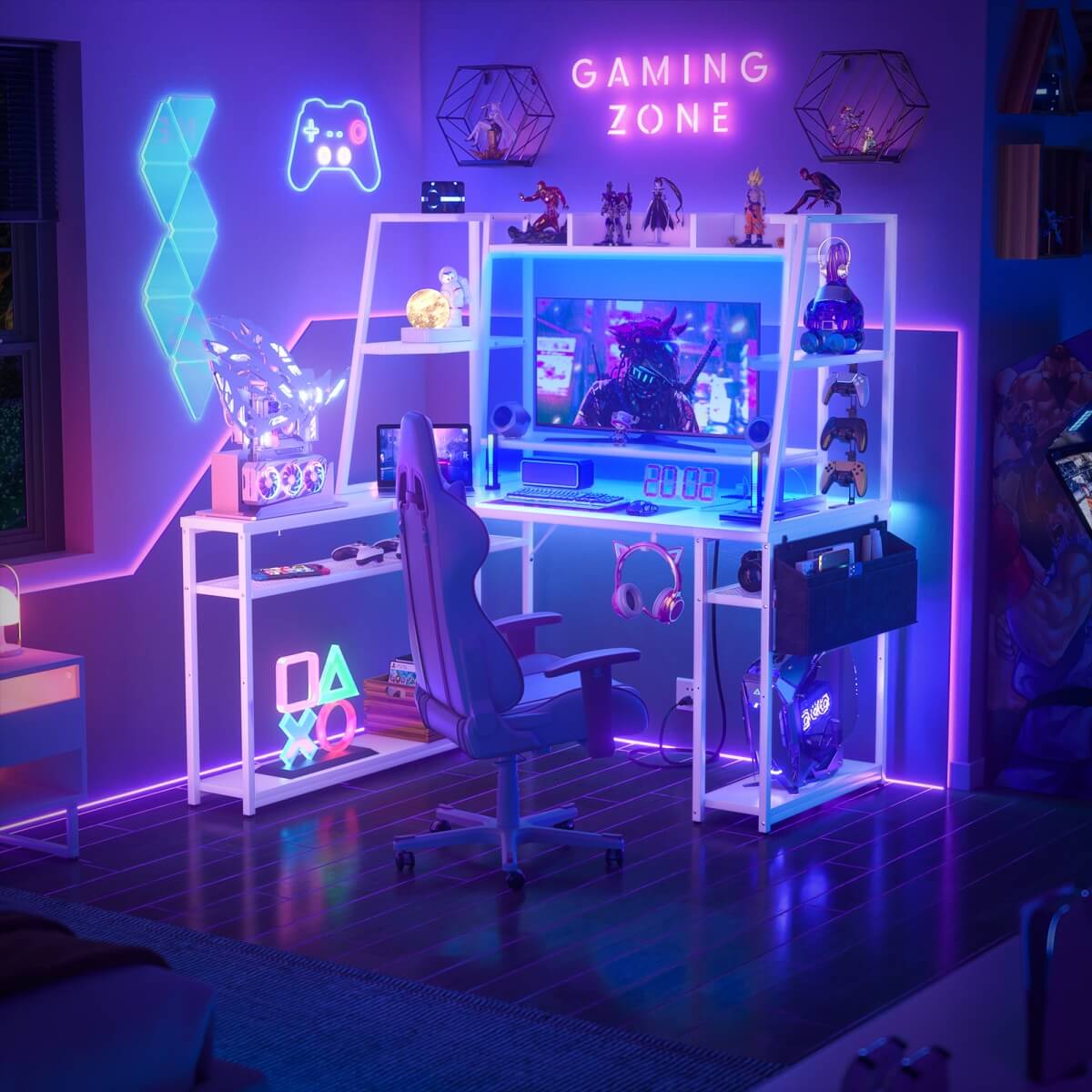 47-inch L-Shaped Gaming Computer Desk with LED Lights & Power Outlets