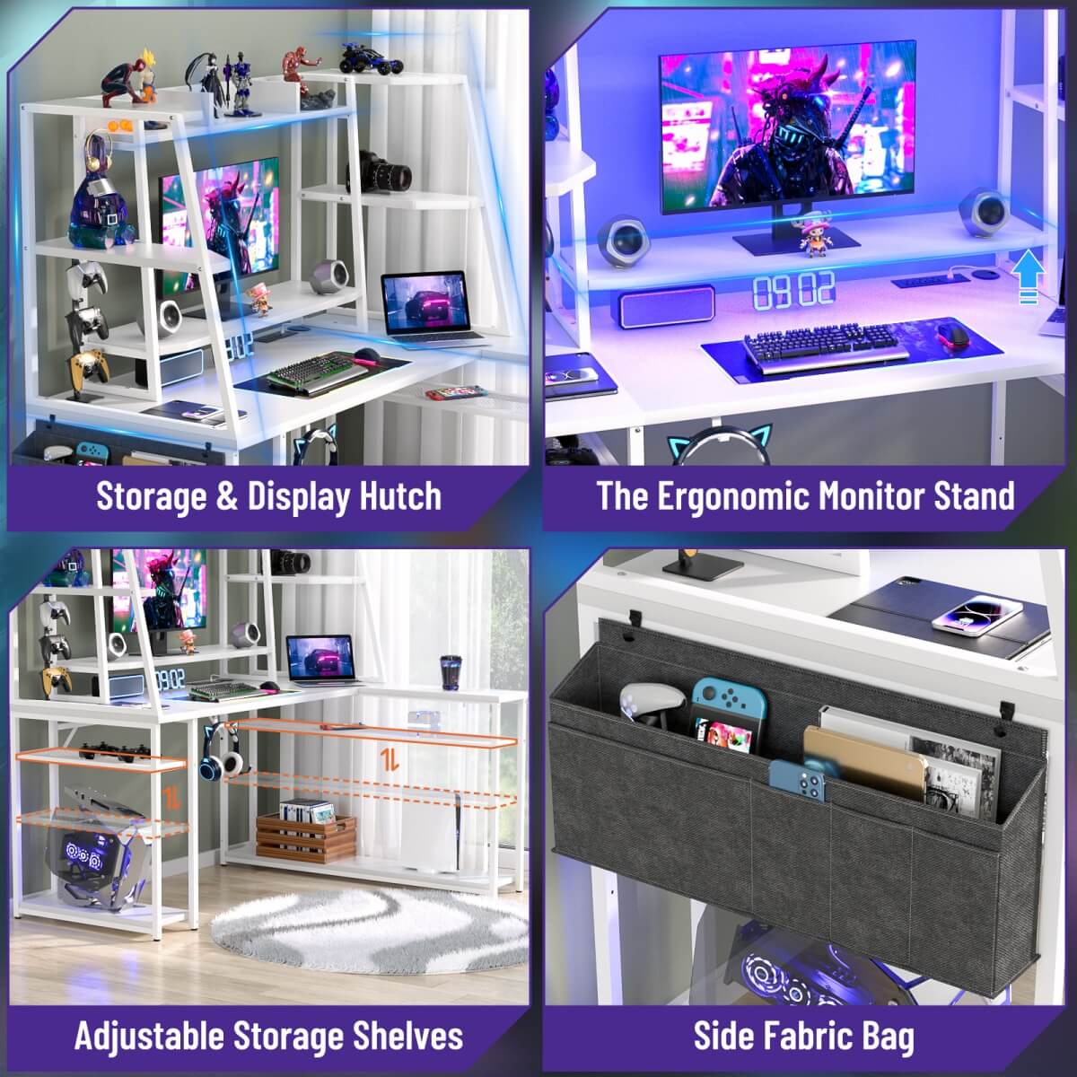 47-inch L-Shaped Gaming Computer Desk with LED Lights & Power Outlets