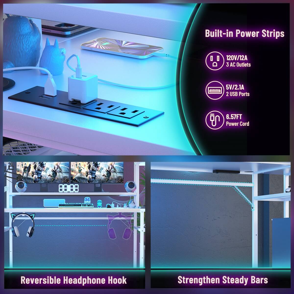 47-inch L-Shaped Gaming Computer Desk with LED Lights & Power Outlets
