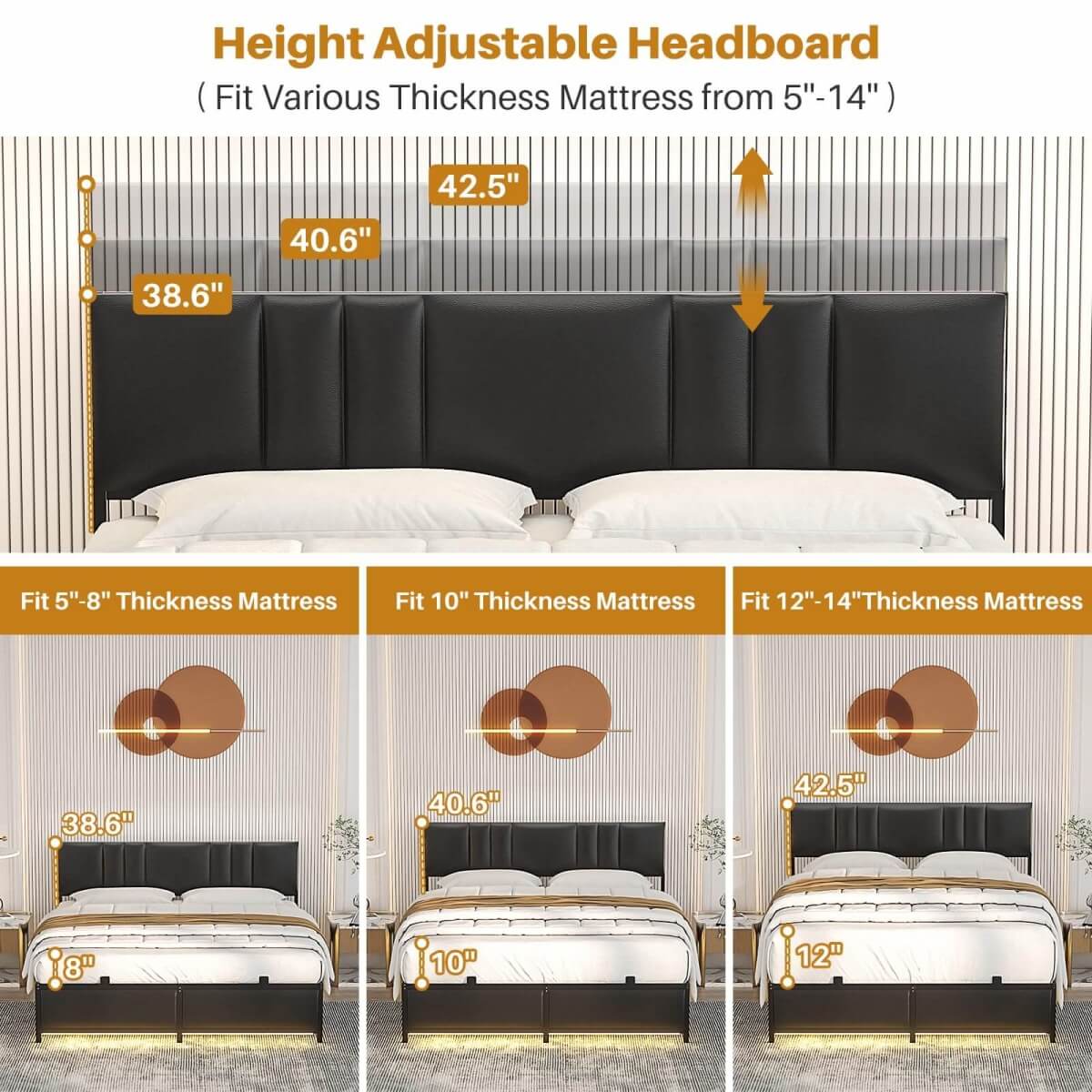 Platform Bed Frame Basic Type with 3 Height Adjustable Headboard