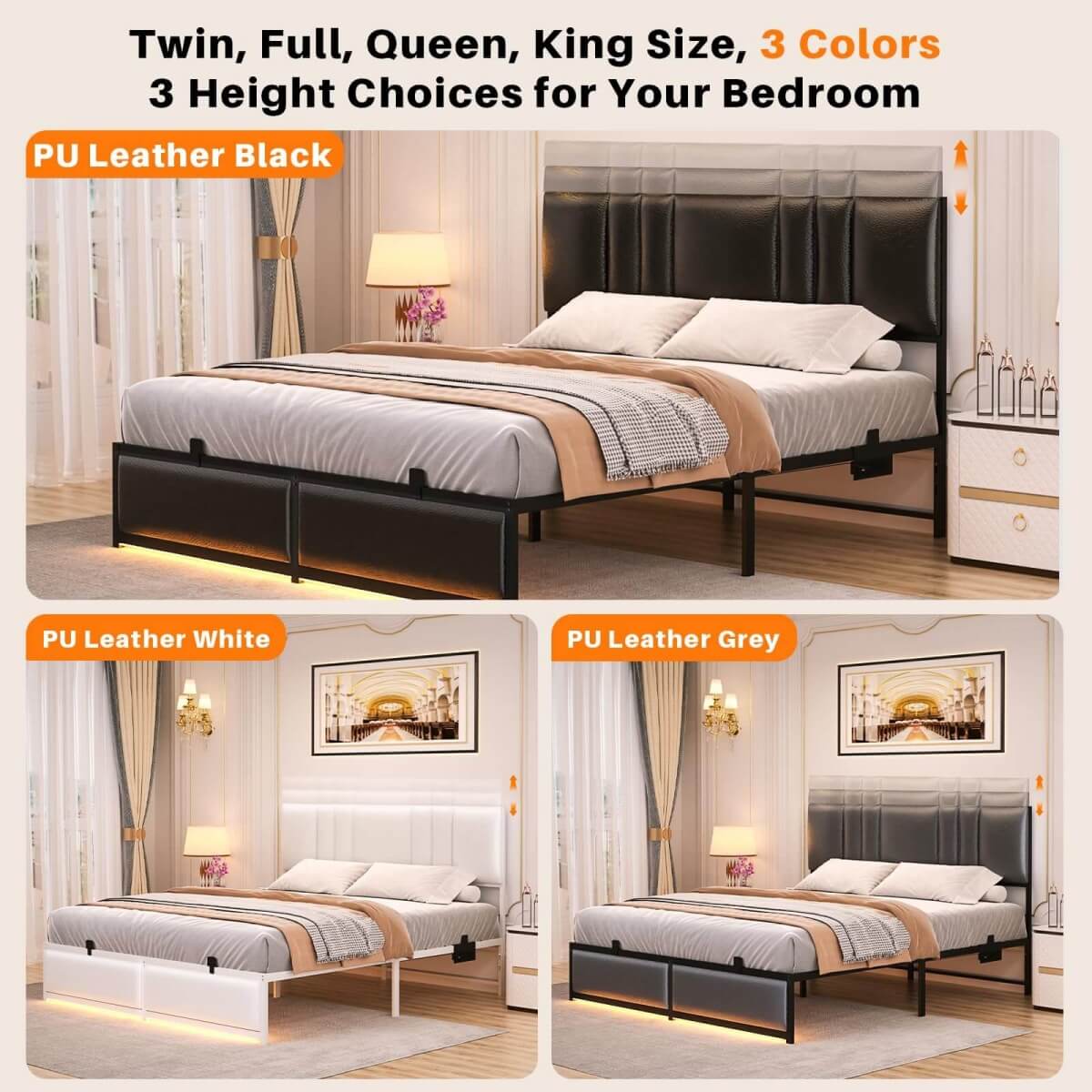 Platform Bed Frame Basic Type with 3 Height Adjustable Headboard