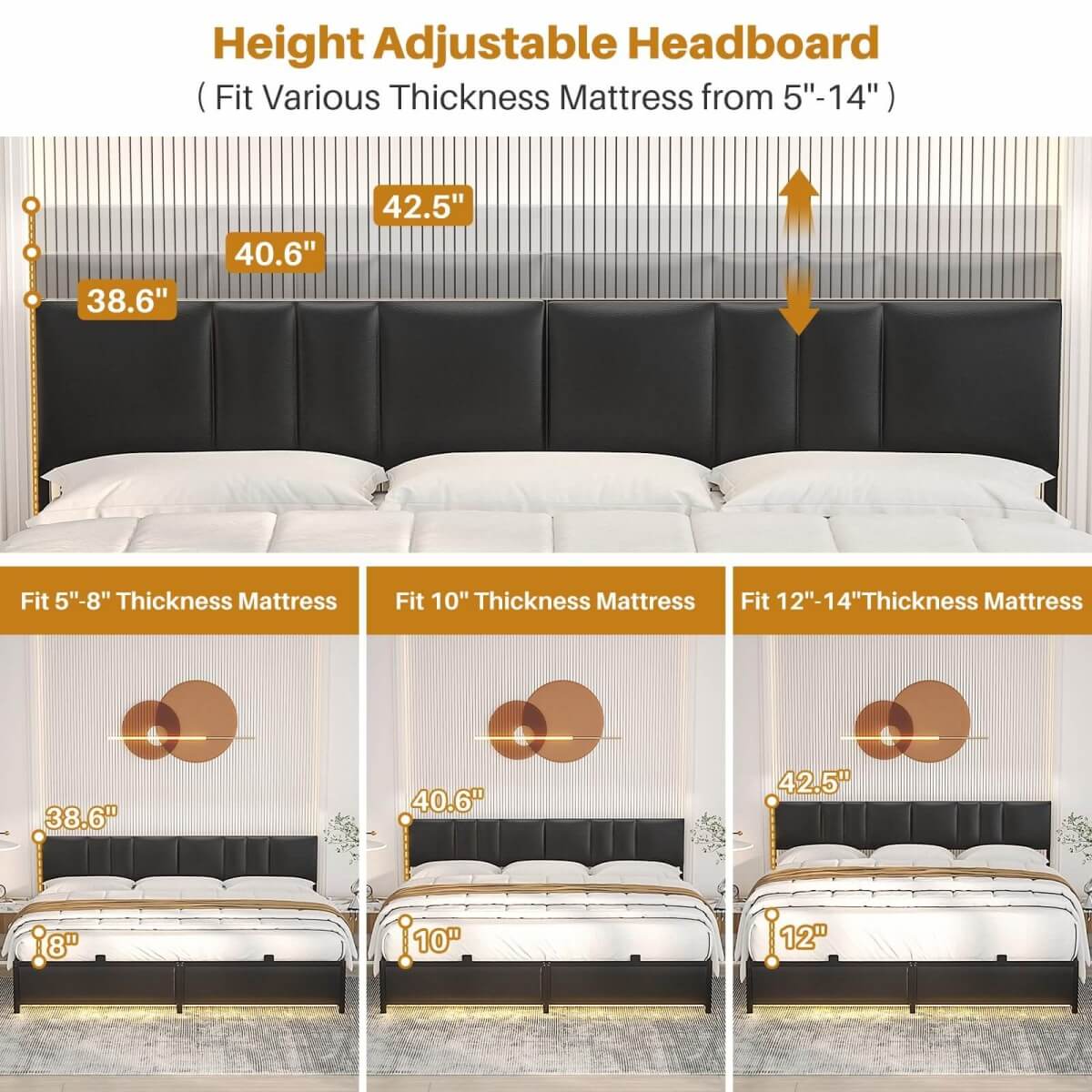 Platform Bed Frame Basic Type with 3 Height Adjustable Headboard