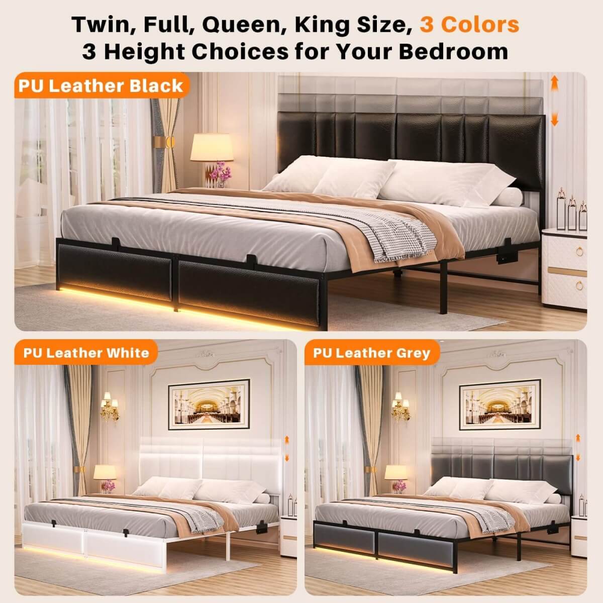 Platform Bed Frame Basic Type with 3 Height Adjustable Headboard
