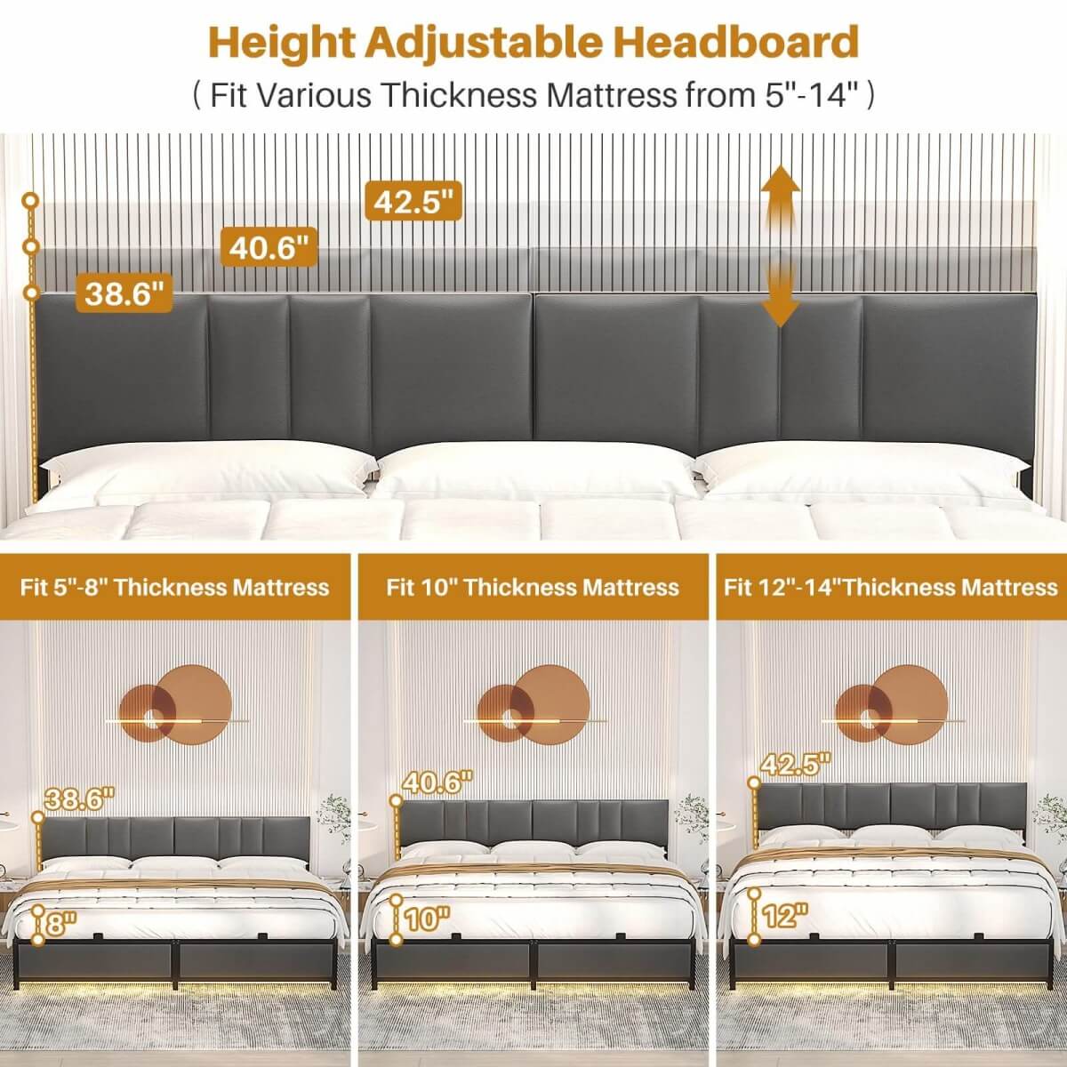 Platform Bed Frame Basic Type with 3 Height Adjustable Headboard