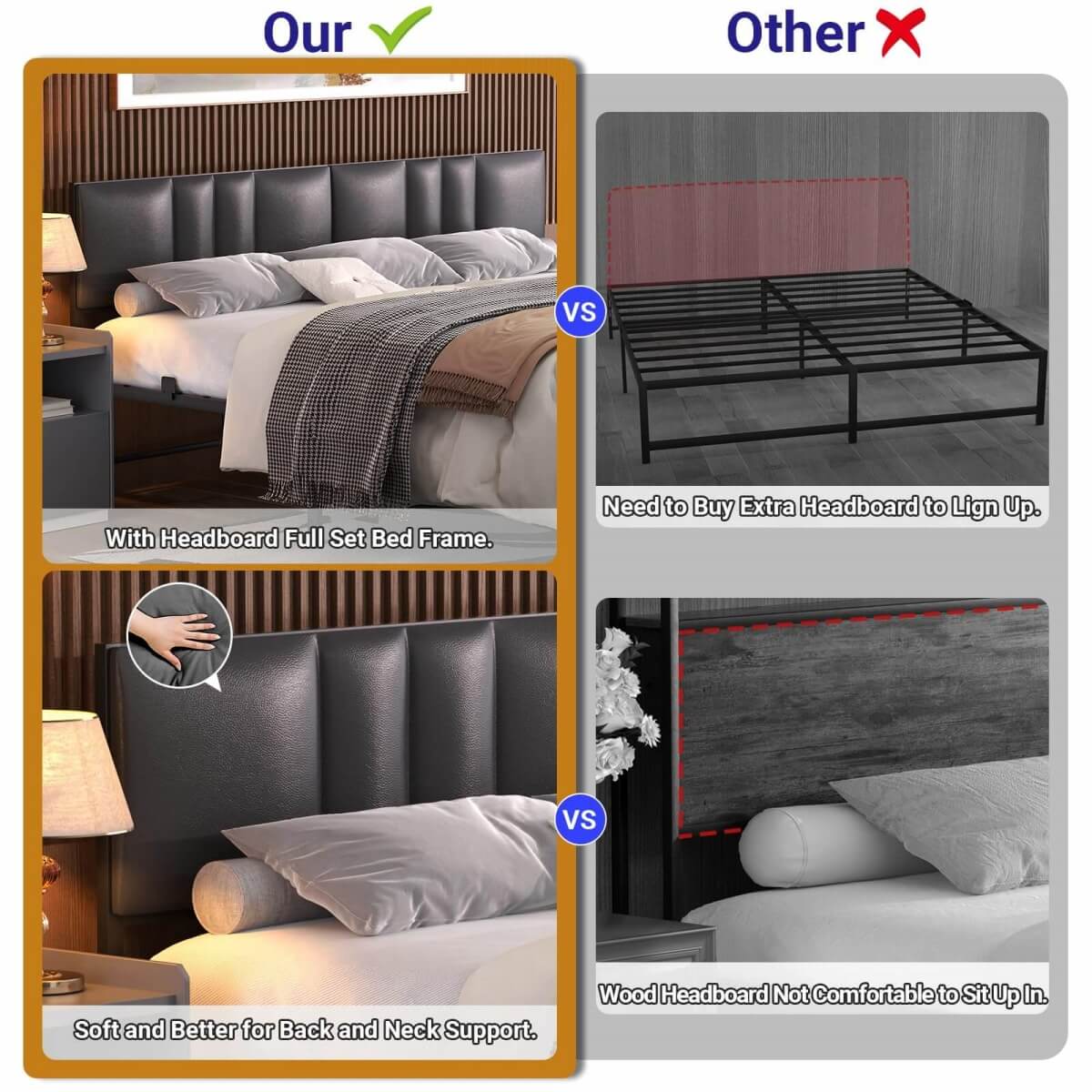 Platform Bed Frame Basic Type with 3 Height Adjustable Headboard