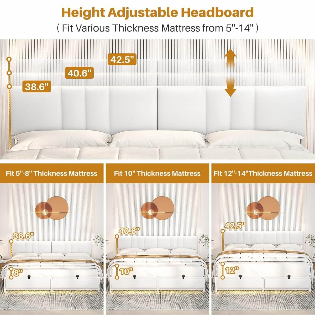 Platform Bed Frame Basic Type with 3 Height Adjustable Headboard