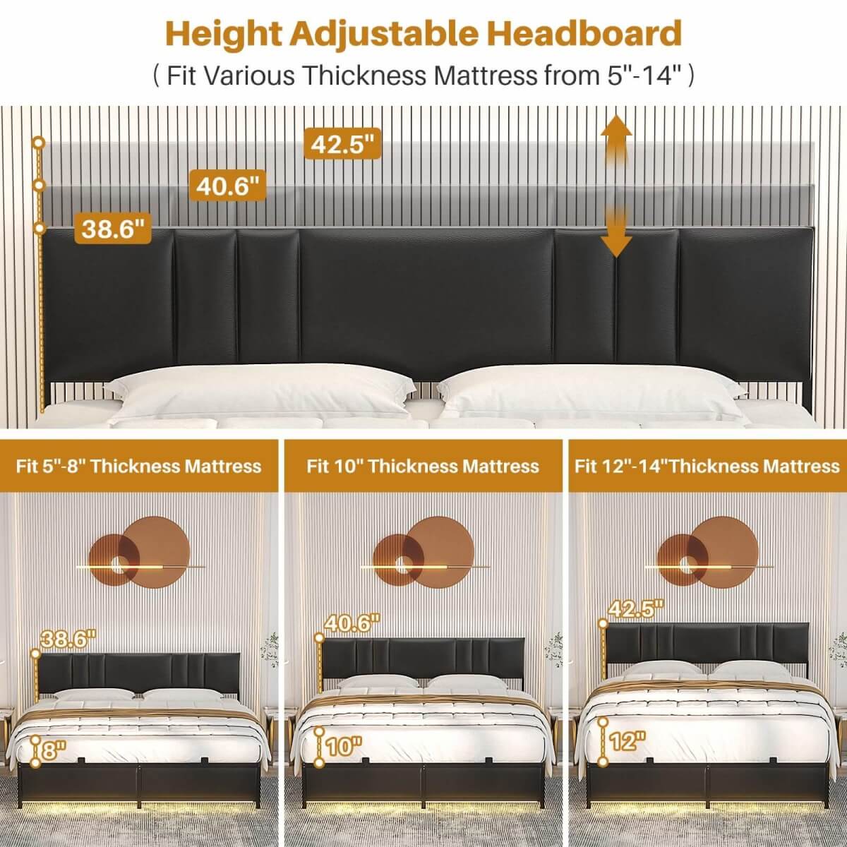 Platform Bed Frame Basic Type with 3 Height Adjustable Headboard
