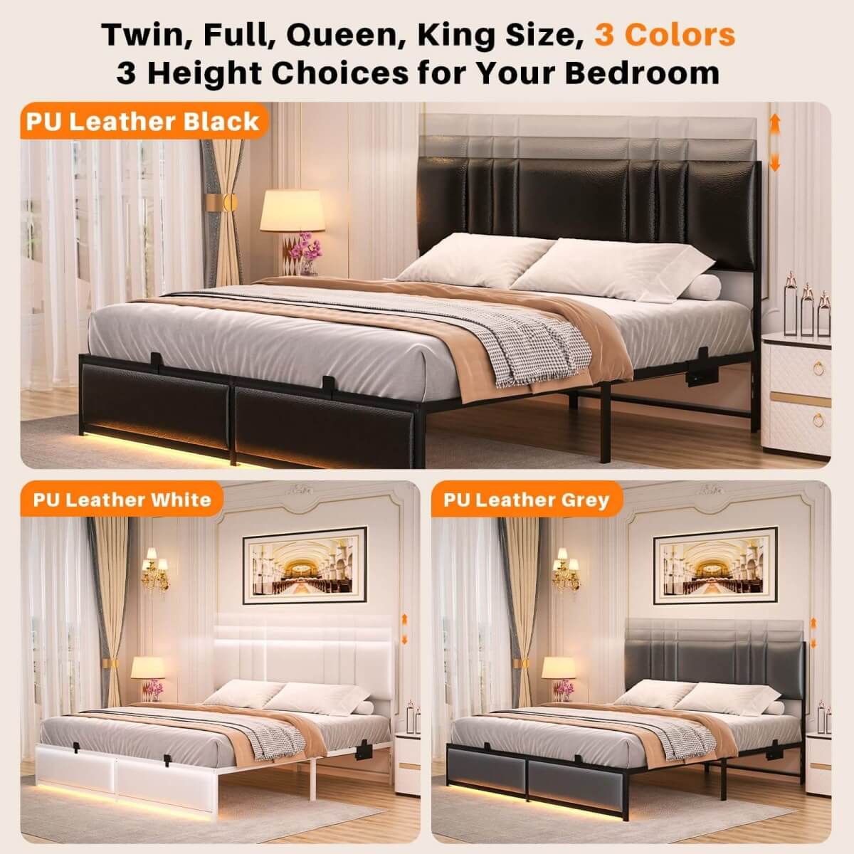 Platform Bed Frame Basic Type with 3 Height Adjustable Headboard