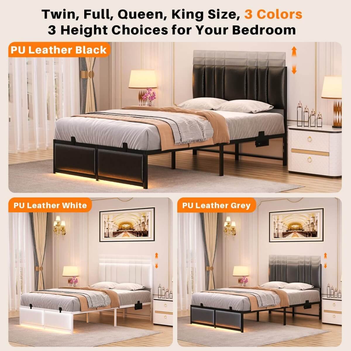 Platform Bed Frame Basic Type with 3 Height Adjustable Headboard