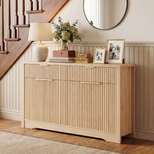 55" Fluted Buffet Cabinet, Modern Sideboard Credenza with Drawers, Adjustable Shelves & Coffee Bar Storage for Kitchen