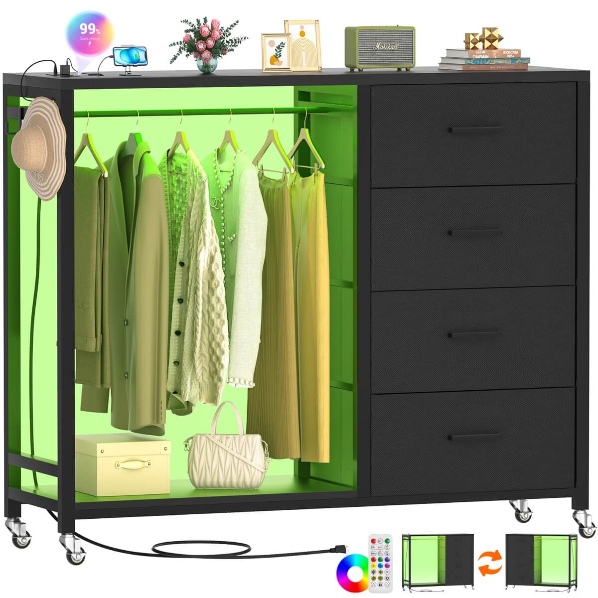 Dresser with Hanging Rack & 4 Drawers, Outlets and LED Lights