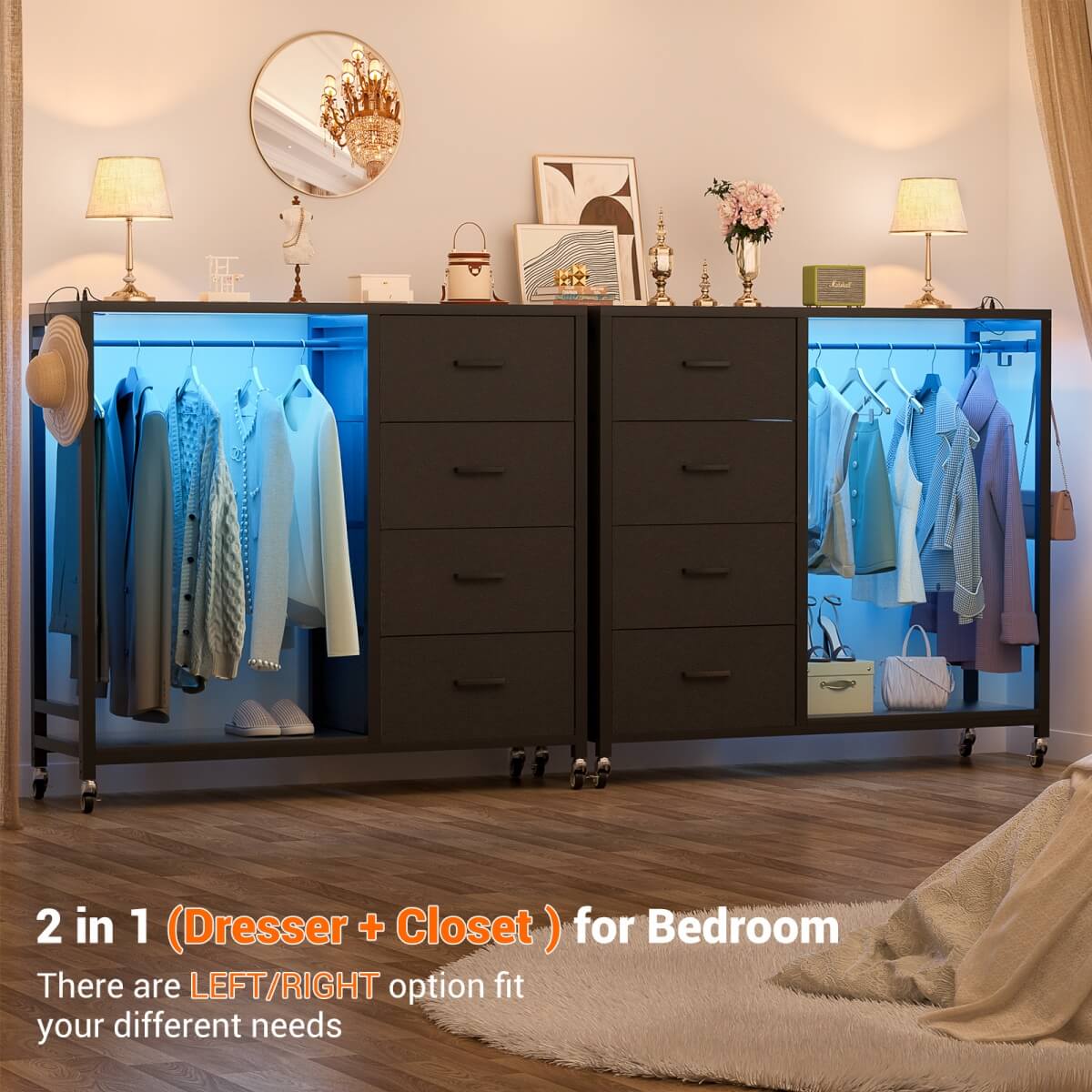 Dresser with Hanging Rack & 4 Drawers, Outlets and LED Lights