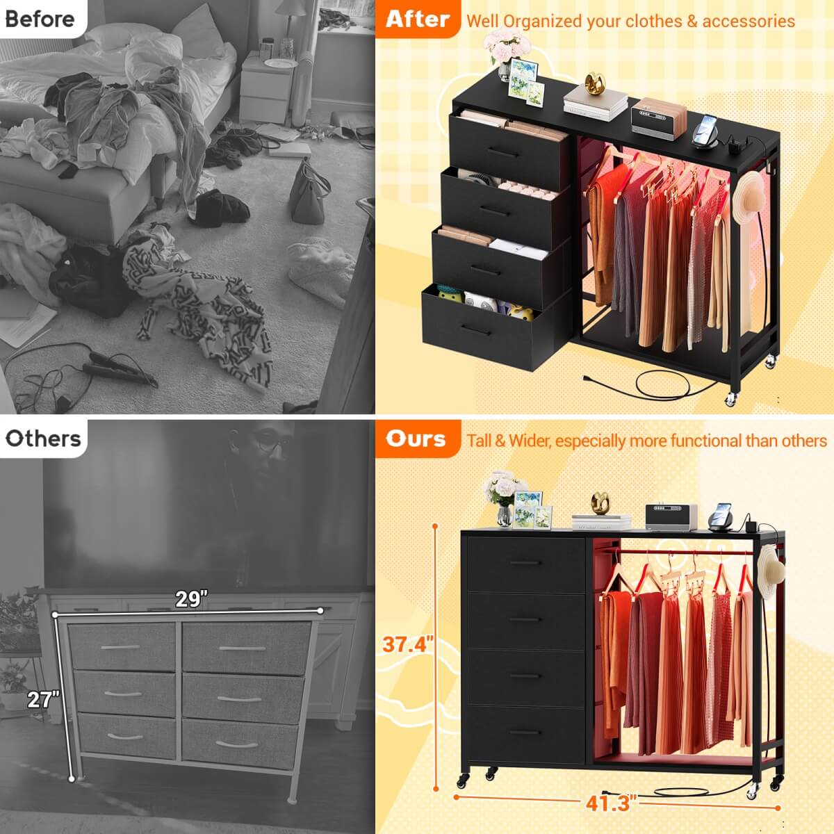 Dresser with Hanging Rack & 4 Drawers, Outlets and LED Lights