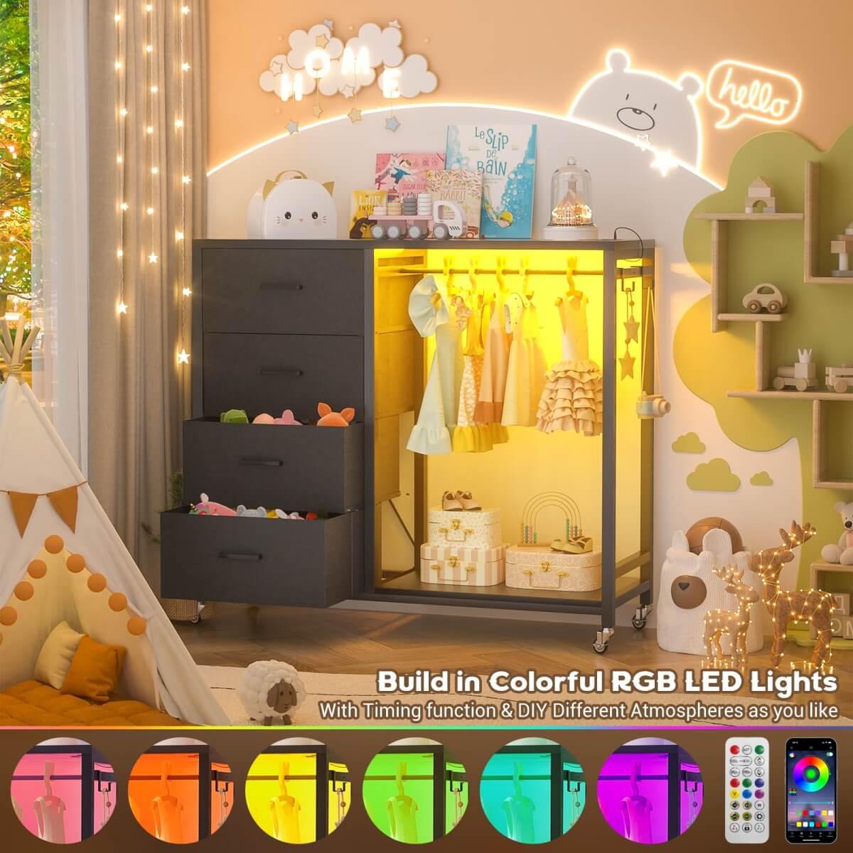 Dresser with Hanging Rack & 4 Drawers, Outlets and LED Lights