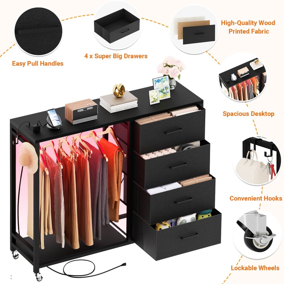 Dresser with Hanging Rack & 4 Drawers, Outlets and LED Lights