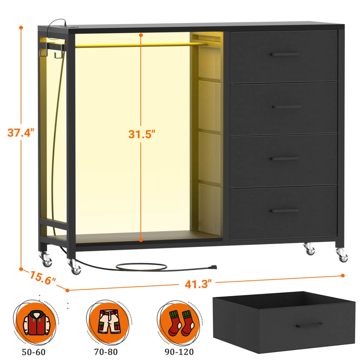 Dresser with Hanging Rack & 4 Drawers, Outlets and LED Lights