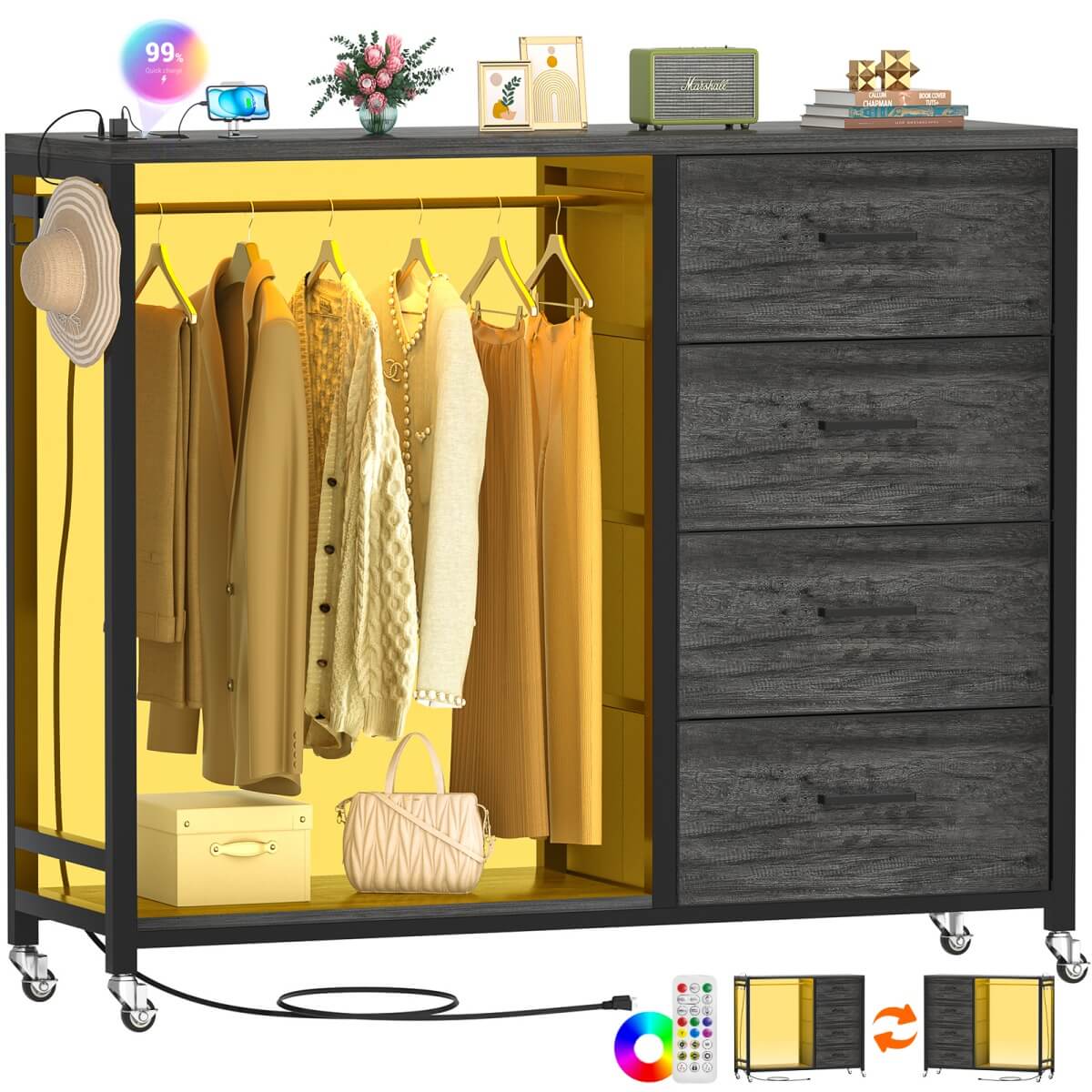 Dresser with Hanging Rack & 4 Drawers, Outlets and LED Lights