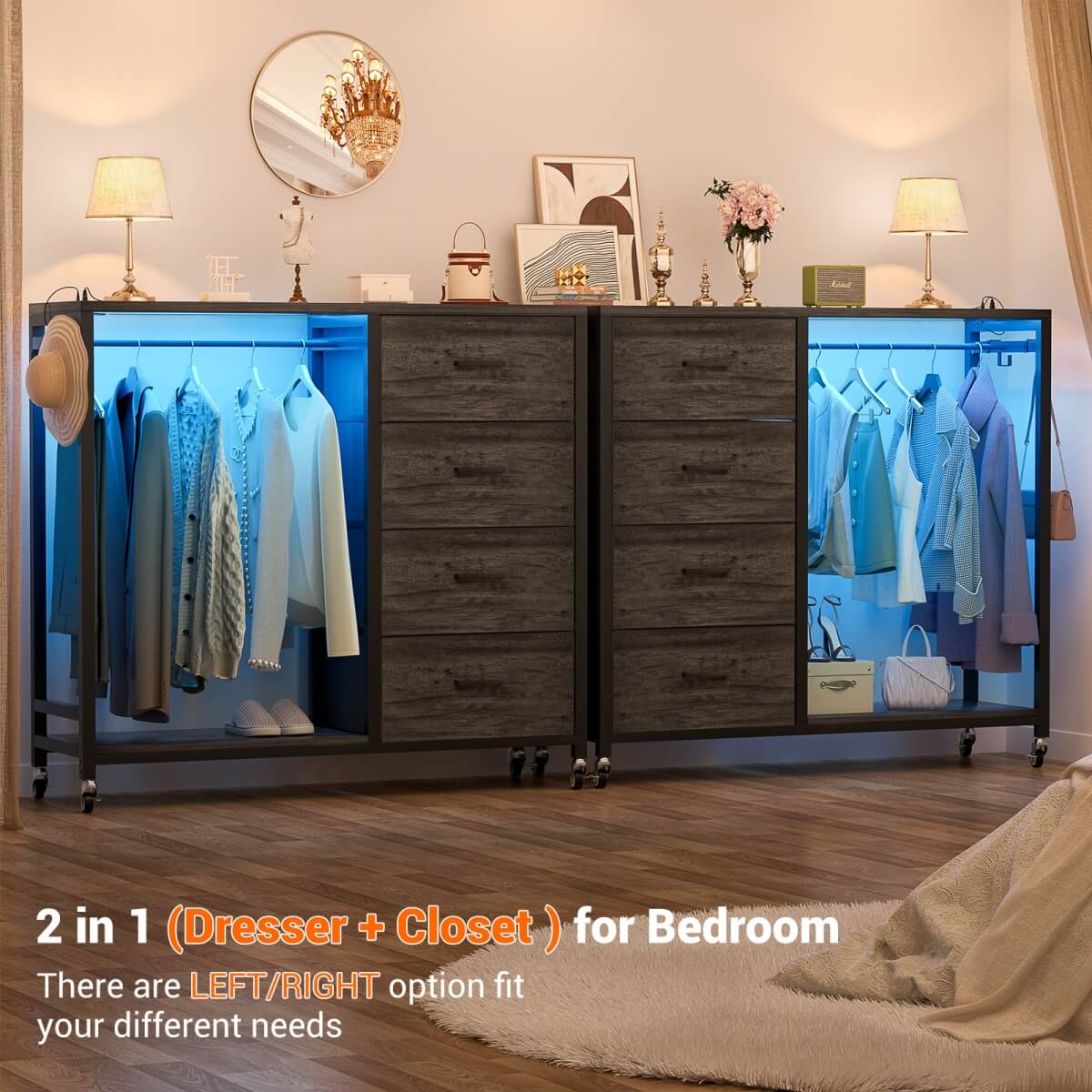 Dresser with Hanging Rack & 4 Drawers, Outlets and LED Lights
