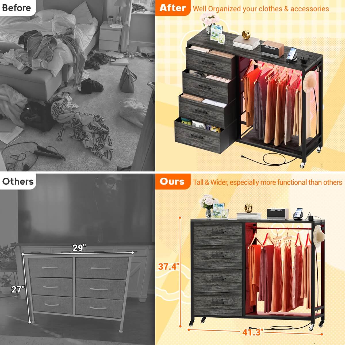 Dresser with Hanging Rack & 4 Drawers, Outlets and LED Lights