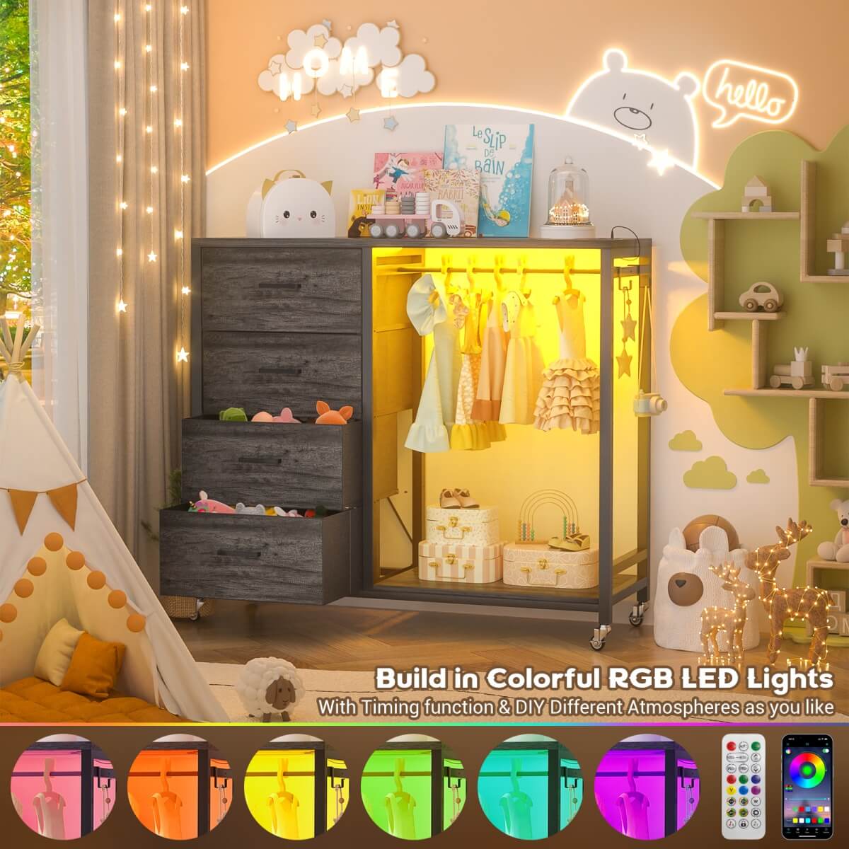 Dresser with Hanging Rack & 4 Drawers, Outlets and LED Lights