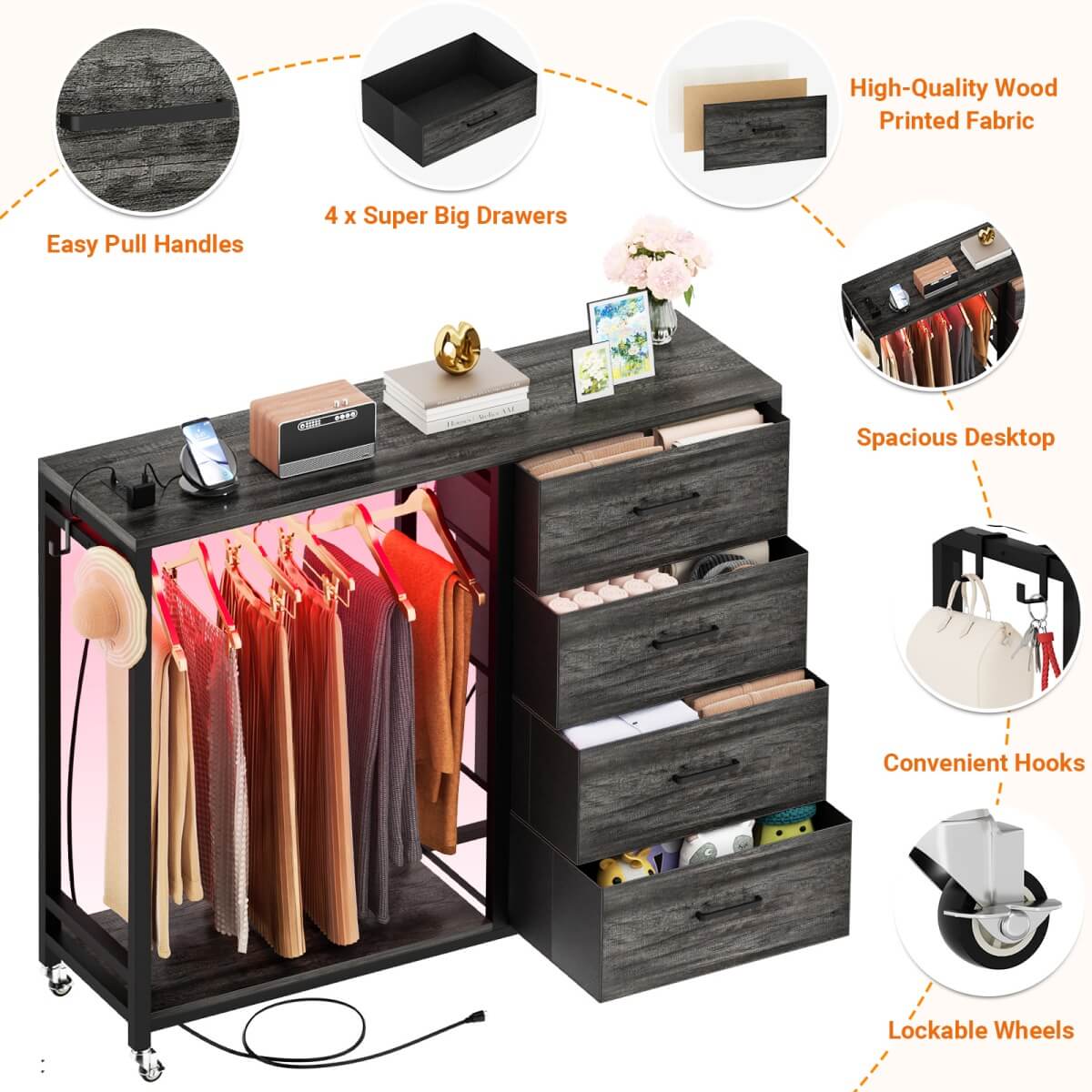 Dresser with Hanging Rack & 4 Drawers, Outlets and LED Lights