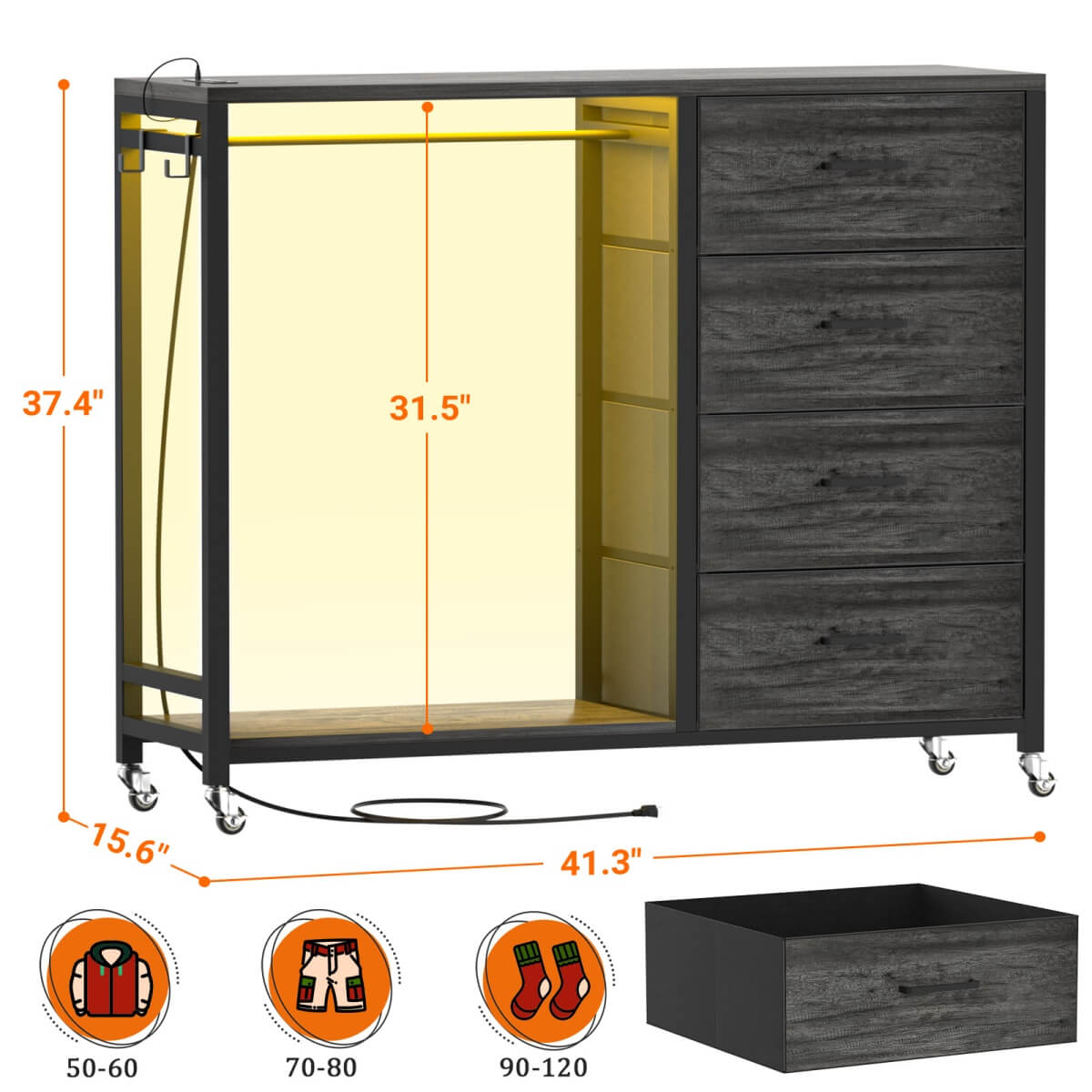 Dresser with Hanging Rack & 4 Drawers, Outlets and LED Lights