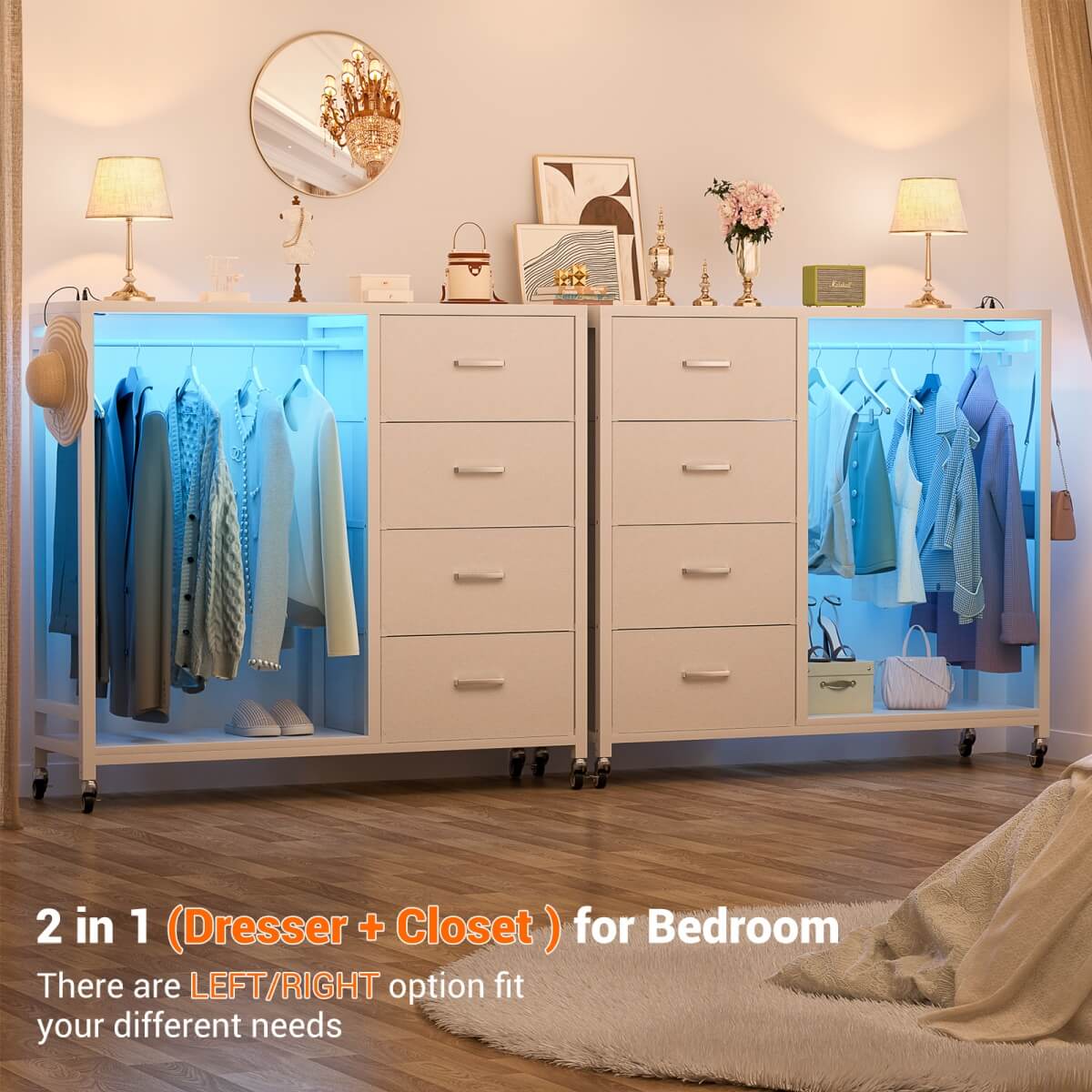 Dresser with Hanging Rack & 4 Drawers, Outlets and LED Lights