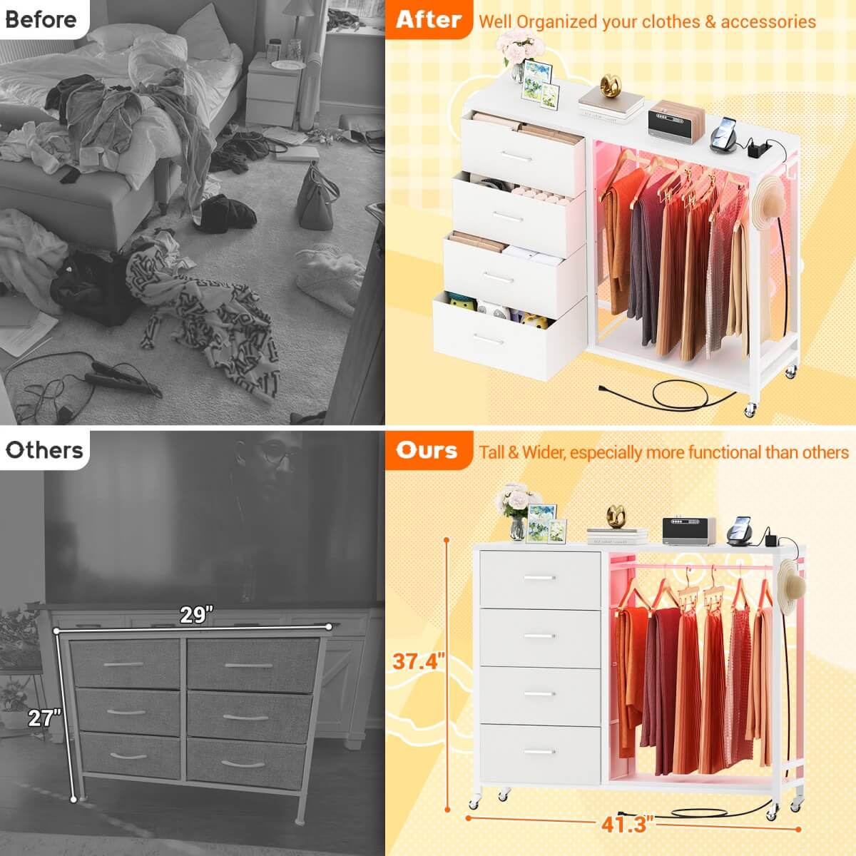 Dresser with Hanging Rack & 4 Drawers, Outlets and LED Lights