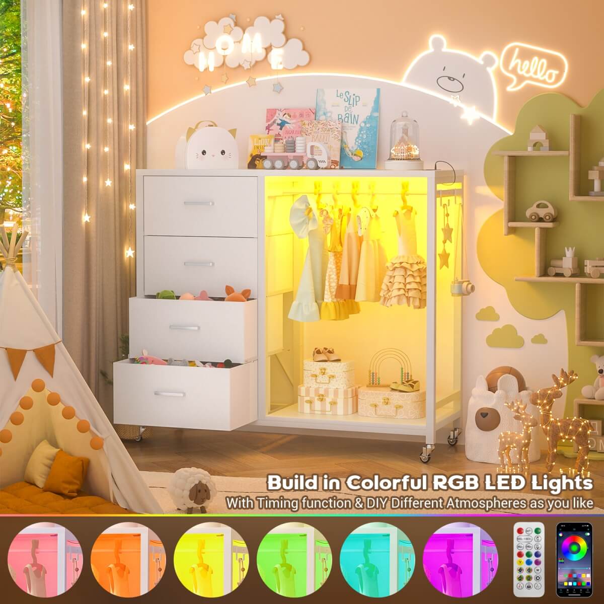Dresser with Hanging Rack & 4 Drawers, Outlets and LED Lights