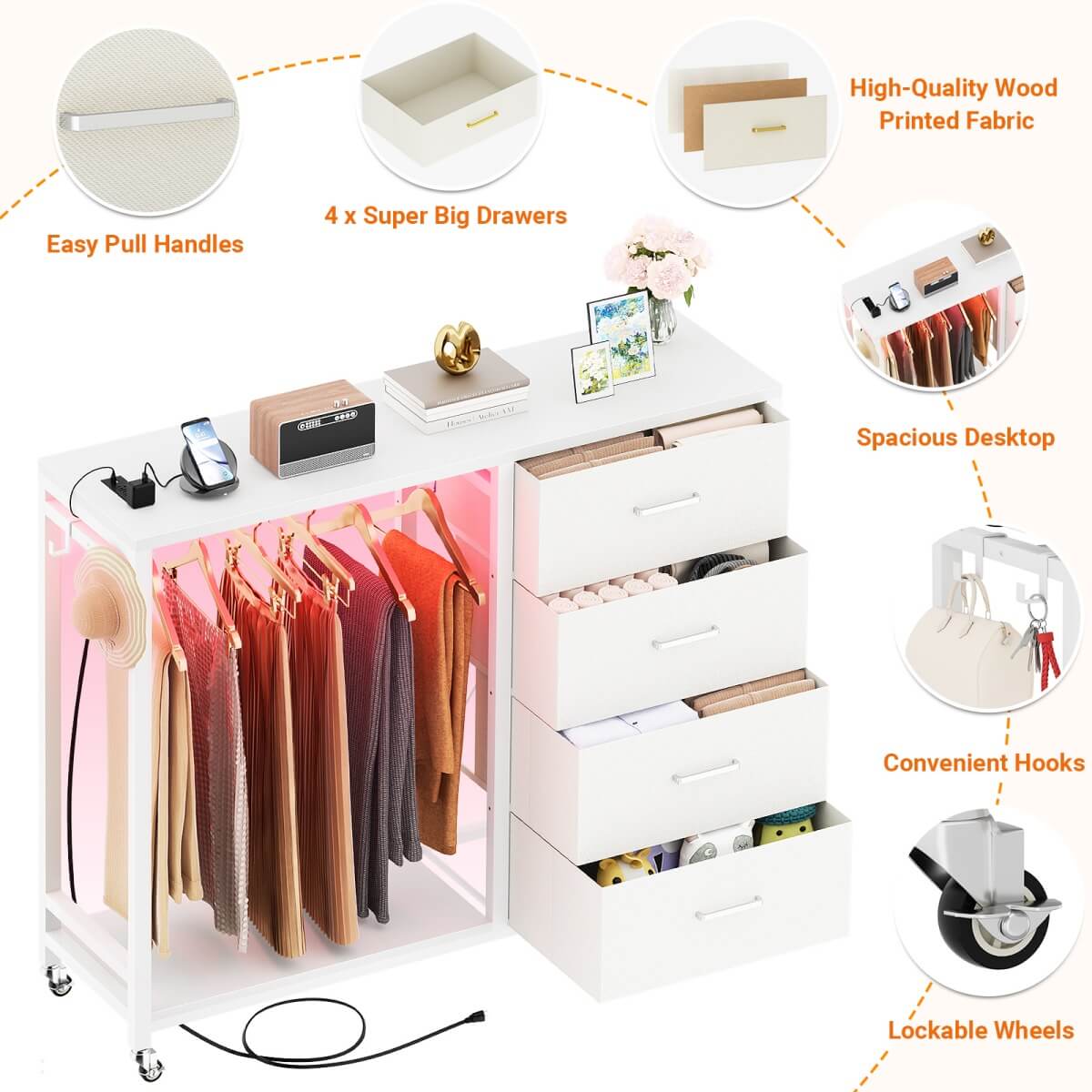 Dresser with Hanging Rack & 4 Drawers, Outlets and LED Lights