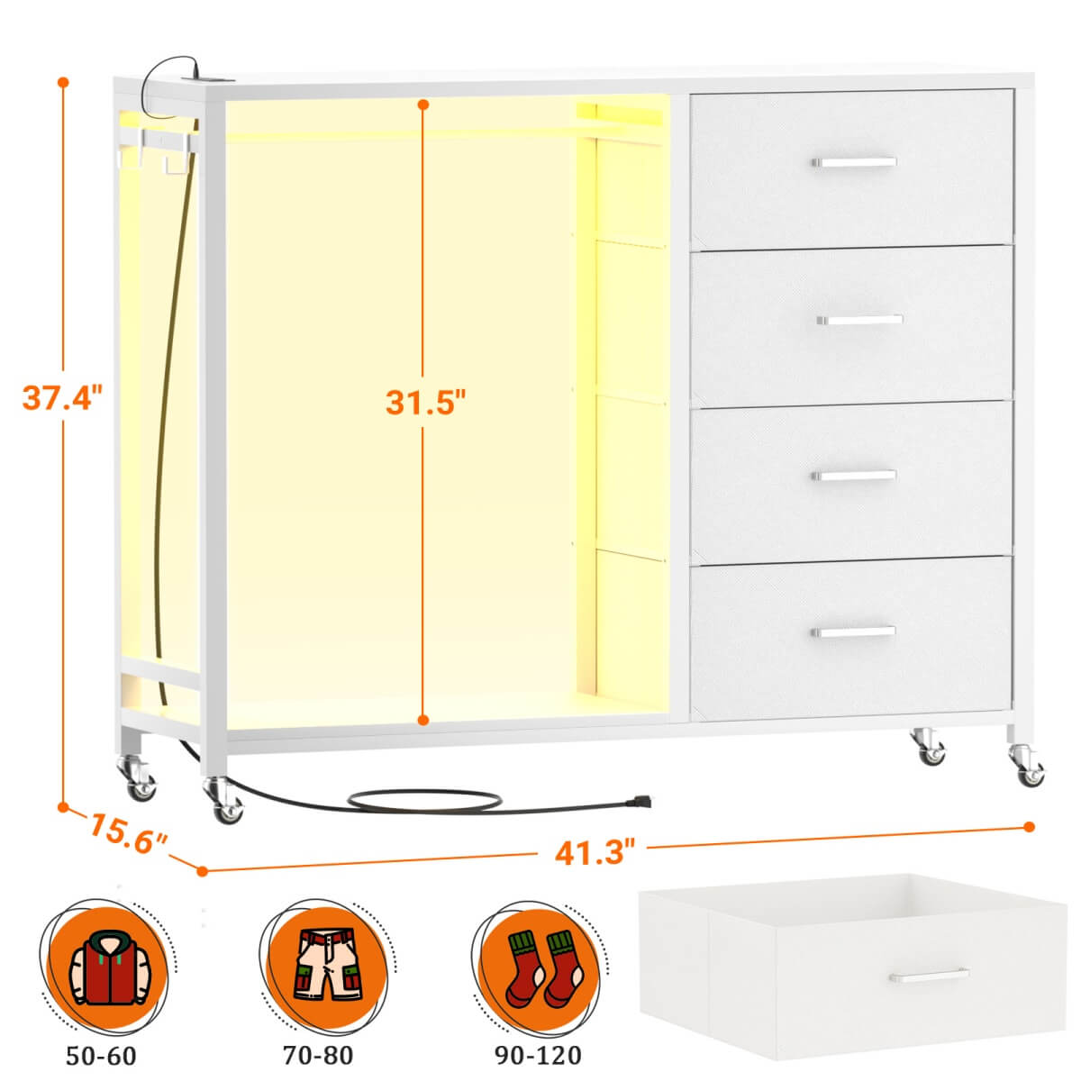 Dresser with Hanging Rack & 4 Drawers, Outlets and LED Lights