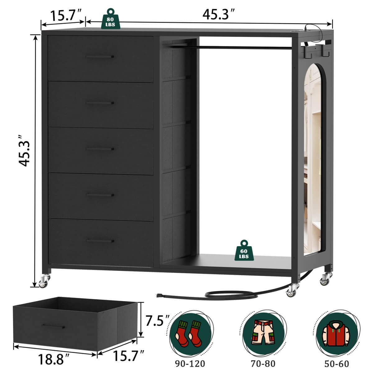 5 Drawer Dresser for Bedroom with Clothes Rack & Mirror