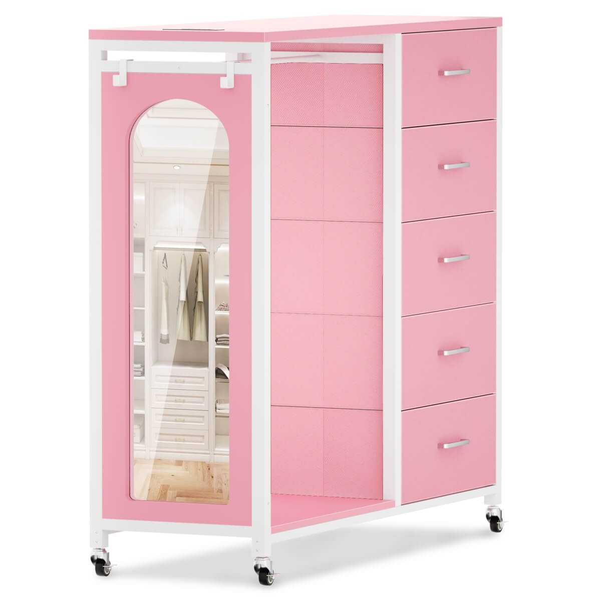 5 Drawer Dresser for Bedroom with Clothes Rack & Mirror