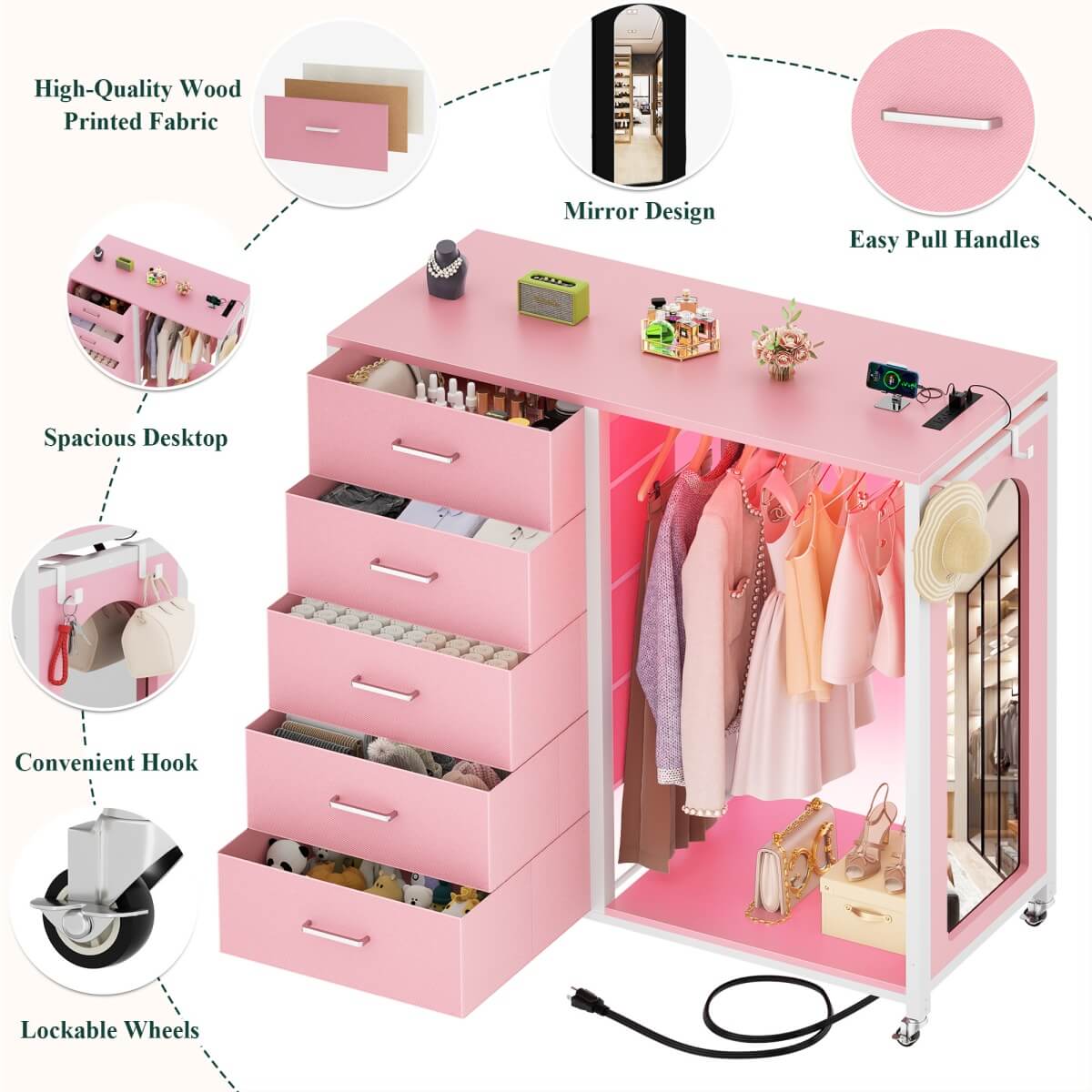 5 Drawer Dresser for Bedroom with Clothes Rack & Mirror