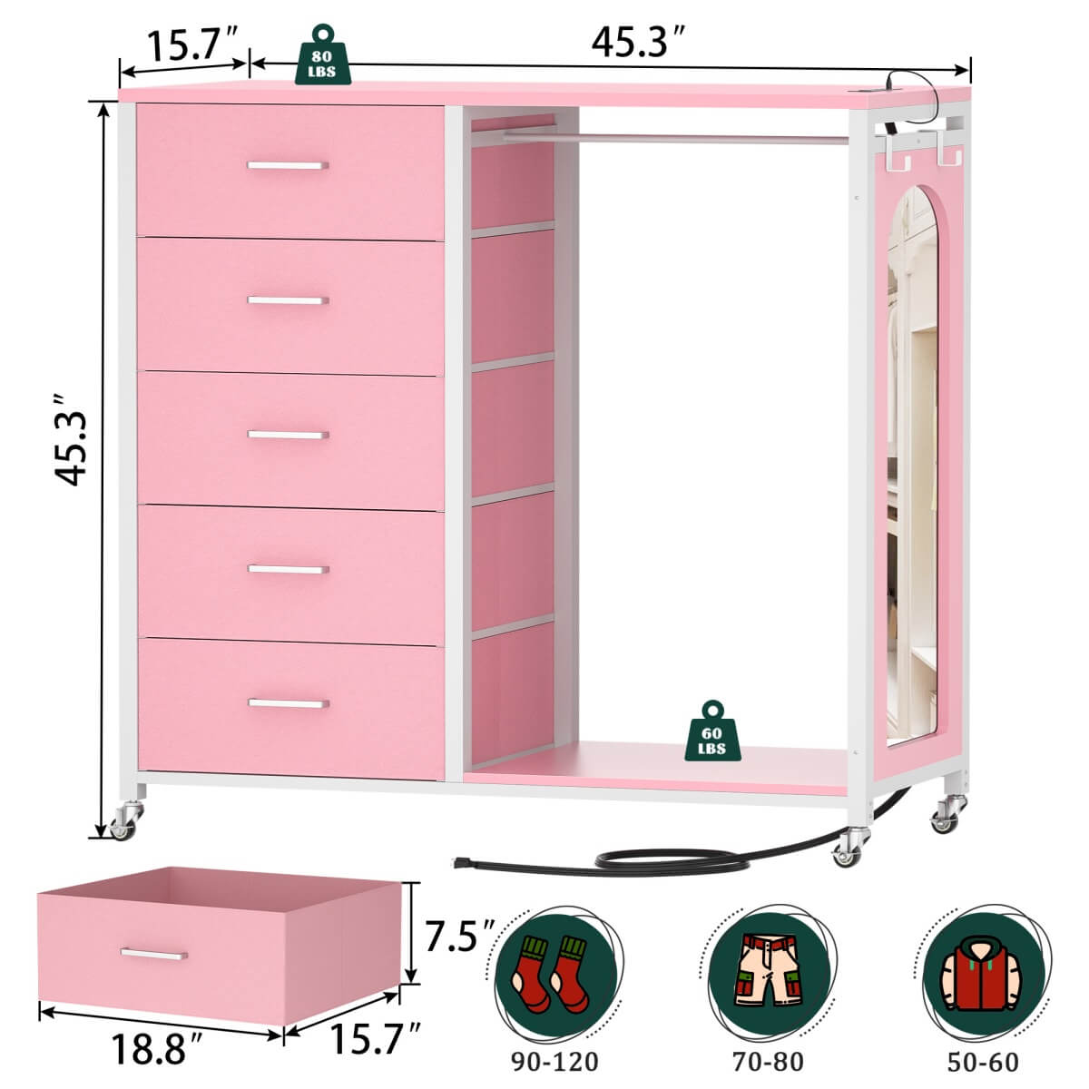 5 Drawer Dresser for Bedroom with Clothes Rack & Mirror