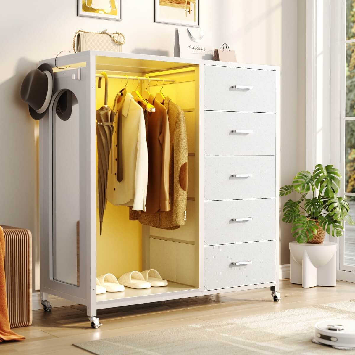 5 Drawer Dresser for Bedroom with Clothes Rack & Mirror