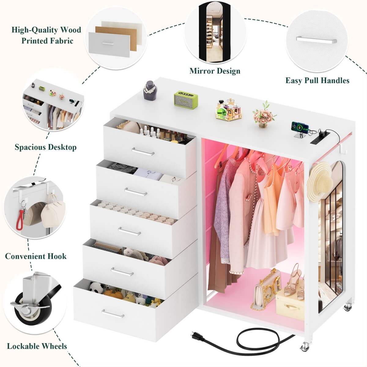 5 Drawer Dresser for Bedroom with Clothes Rack & Mirror