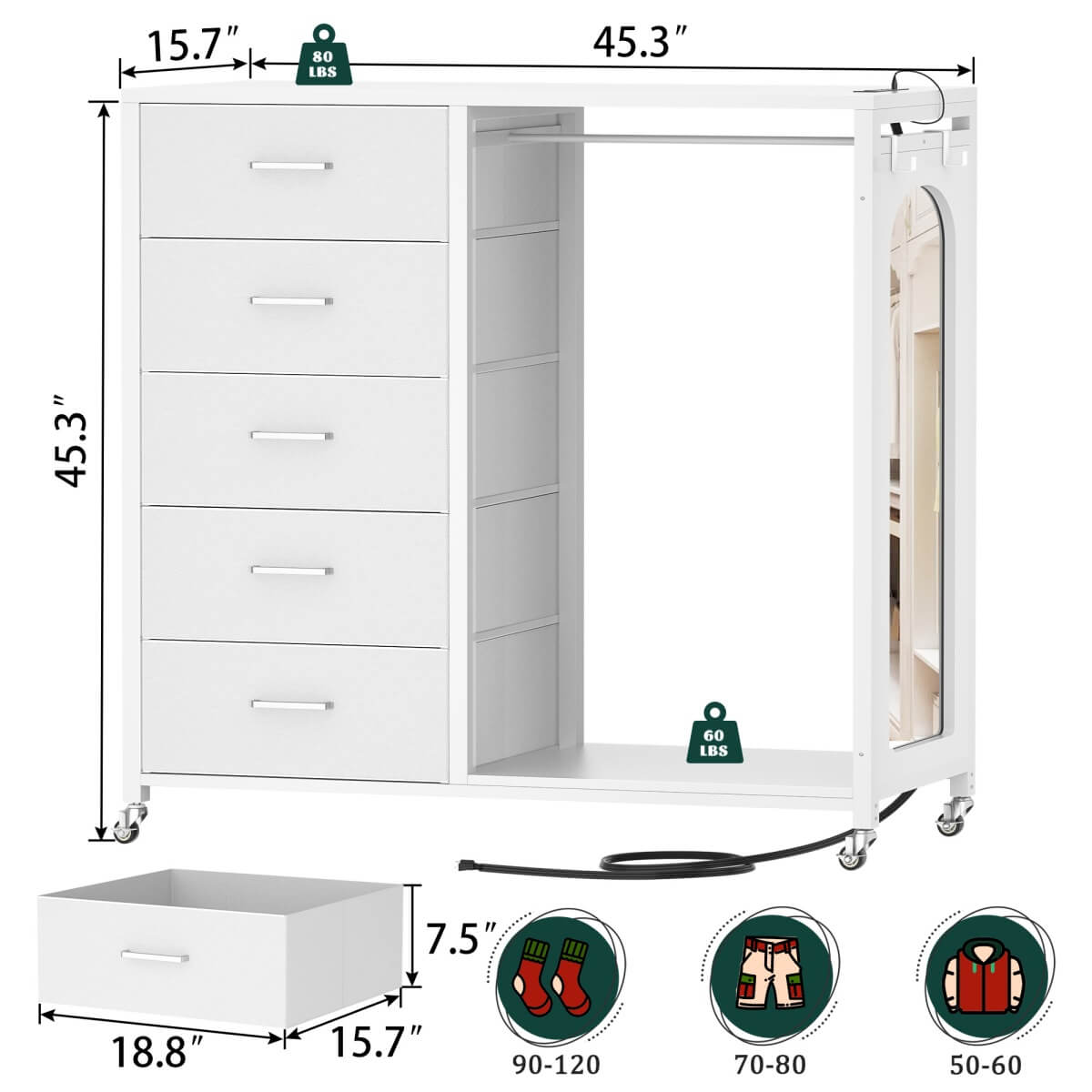 5 Drawer Dresser for Bedroom with Clothes Rack & Mirror
