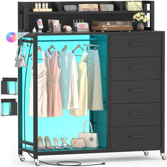 Dresser for Bedroom with Clothes Rack & Shelves