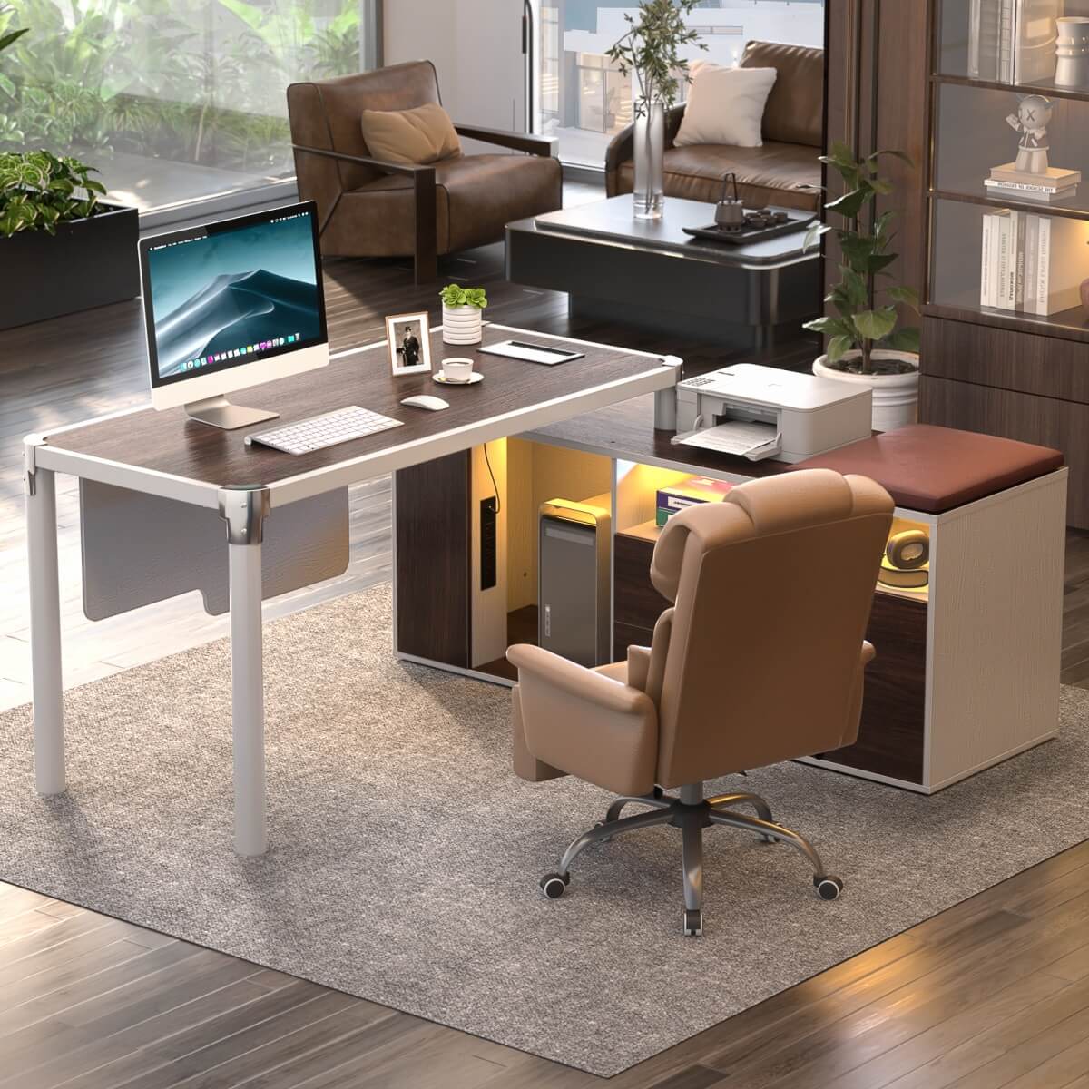 L Shaped Desk with File Cabinet and Power Strip