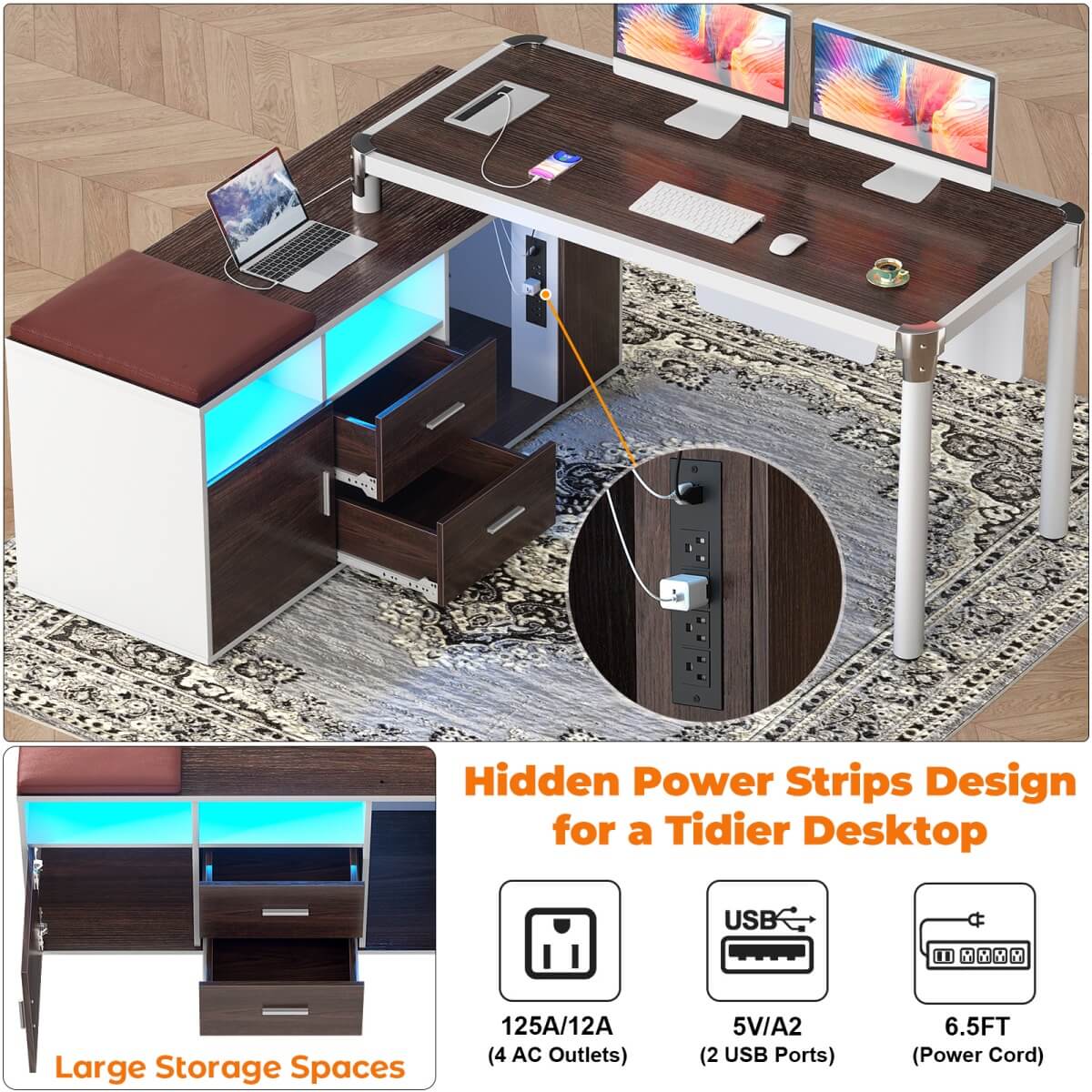 L Shaped Desk with File Cabinet and Power Strip