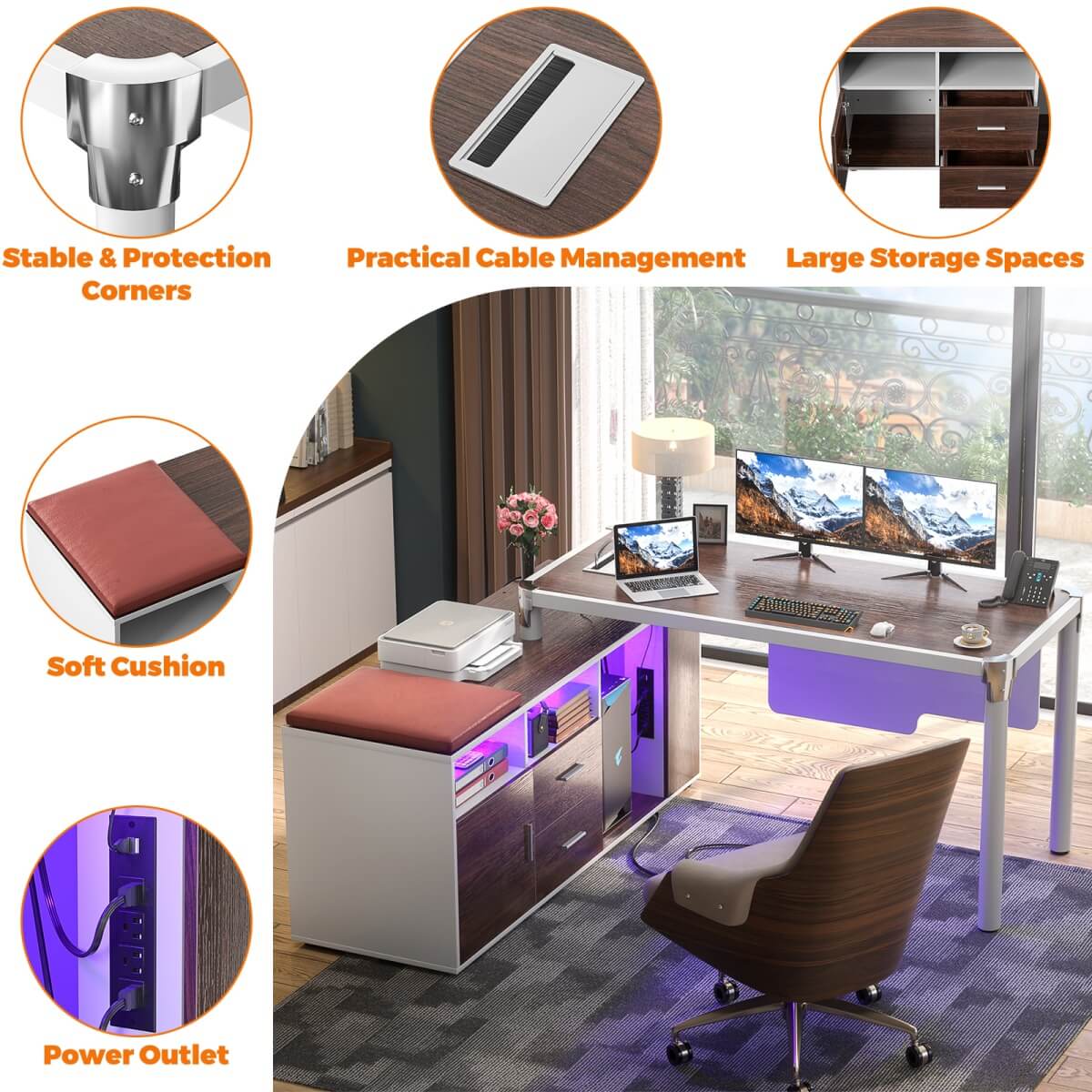 L Shaped Desk with File Cabinet and Power Strip