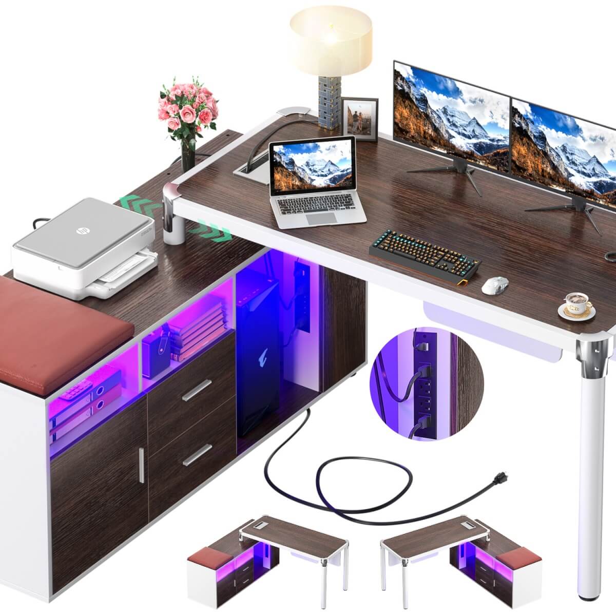 L Shaped Desk with File Cabinet and Power Strip