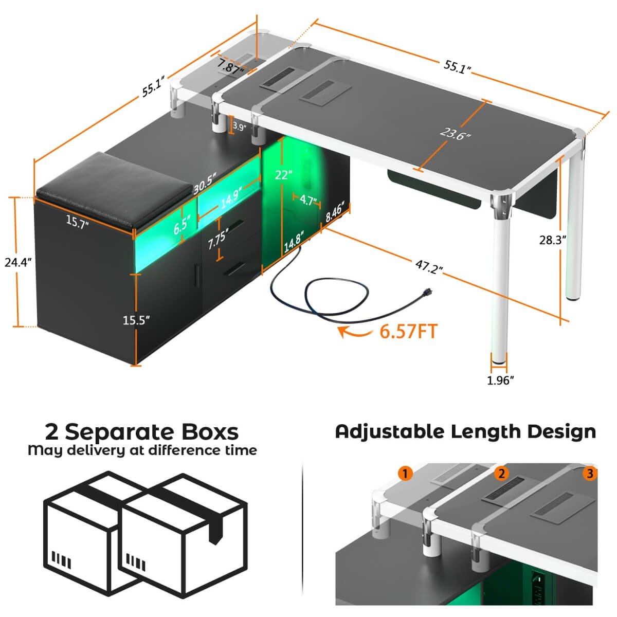 L Shaped Desk with File Cabinet and Power Strip