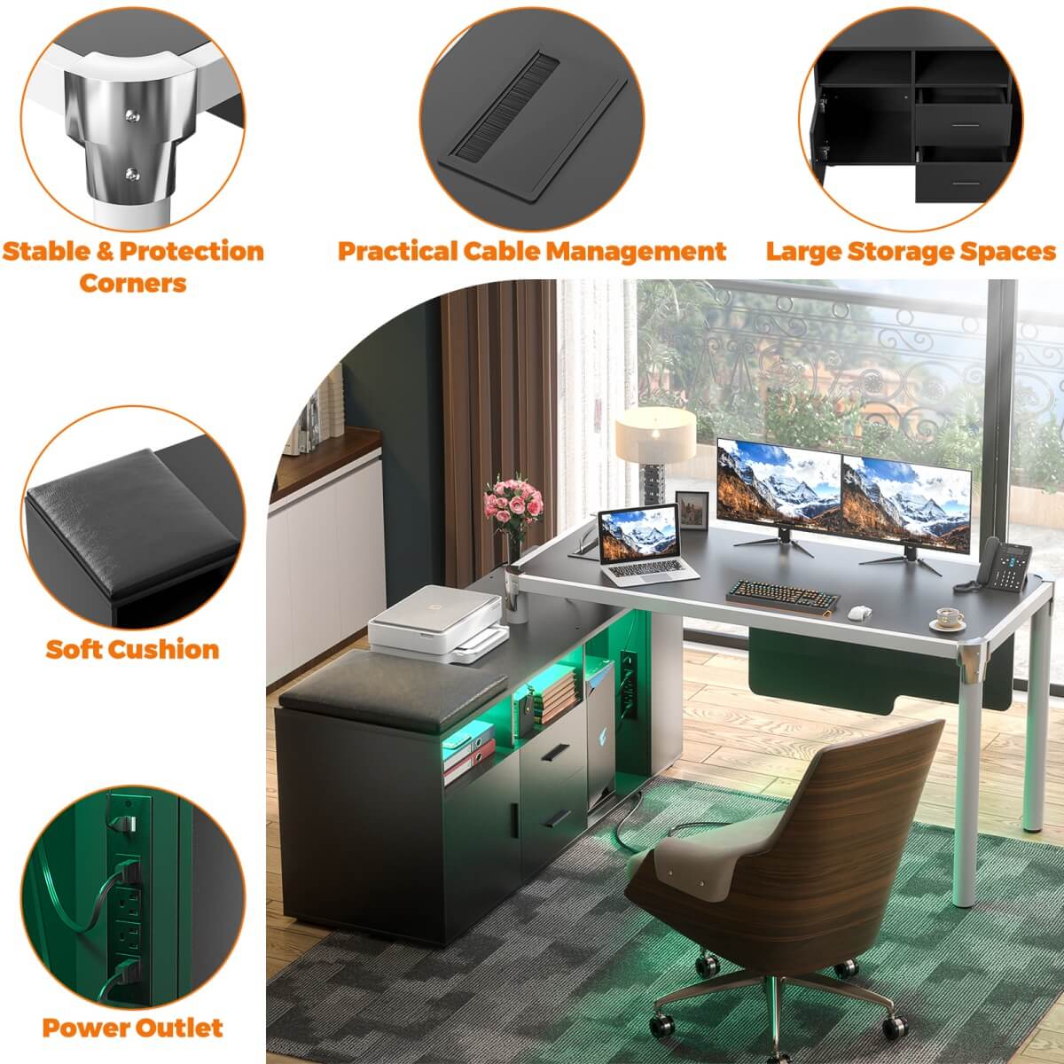 L Shaped Desk with File Cabinet and Power Strip